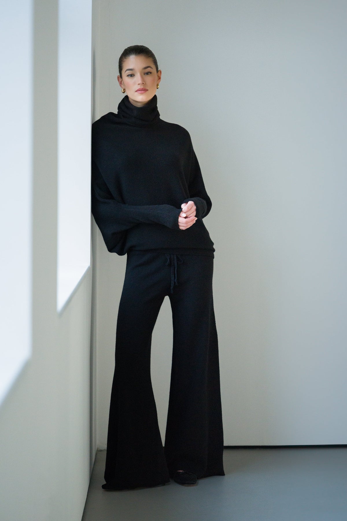 Women's Black Roll Neck Top, Asymmetrical Draped Seamless Knit