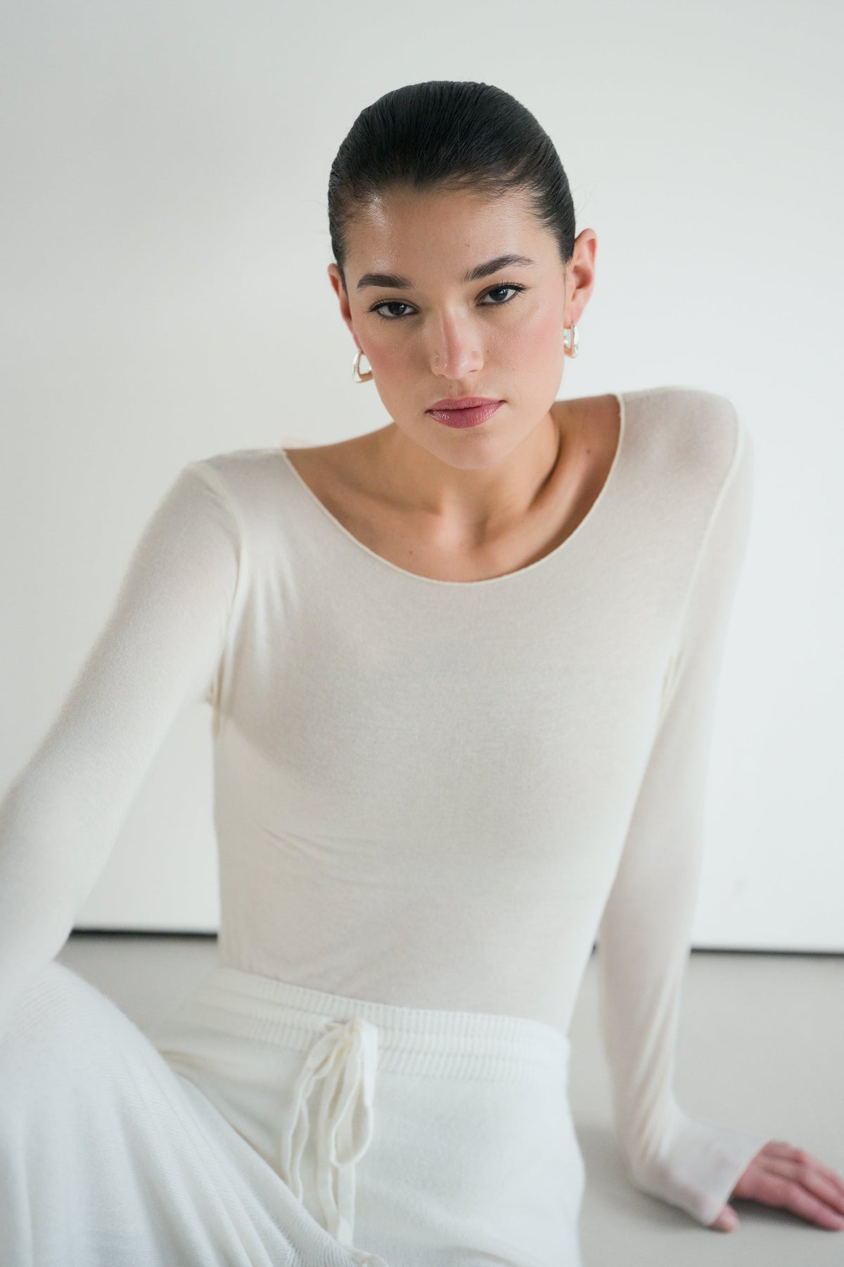 Women's Ivory Boat Neck Top in Lightweight Modal-Cashmere Blend