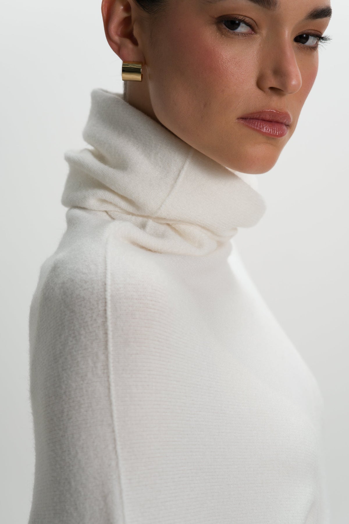 Women's Ivory Roll Neck Top, Asymmetrical Draped Seamless Knit