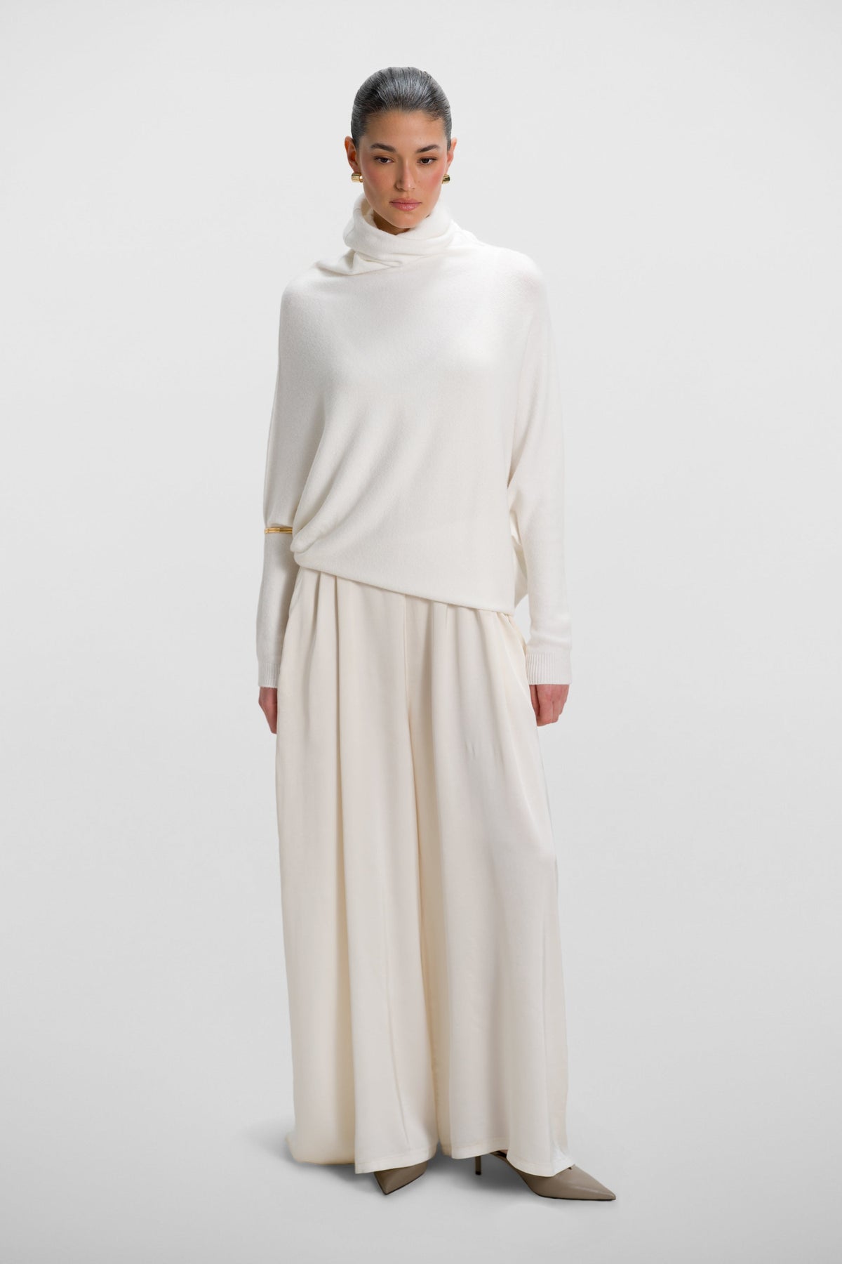 Women's Ivory Roll Neck Top, Asymmetrical Draped Seamless Knit