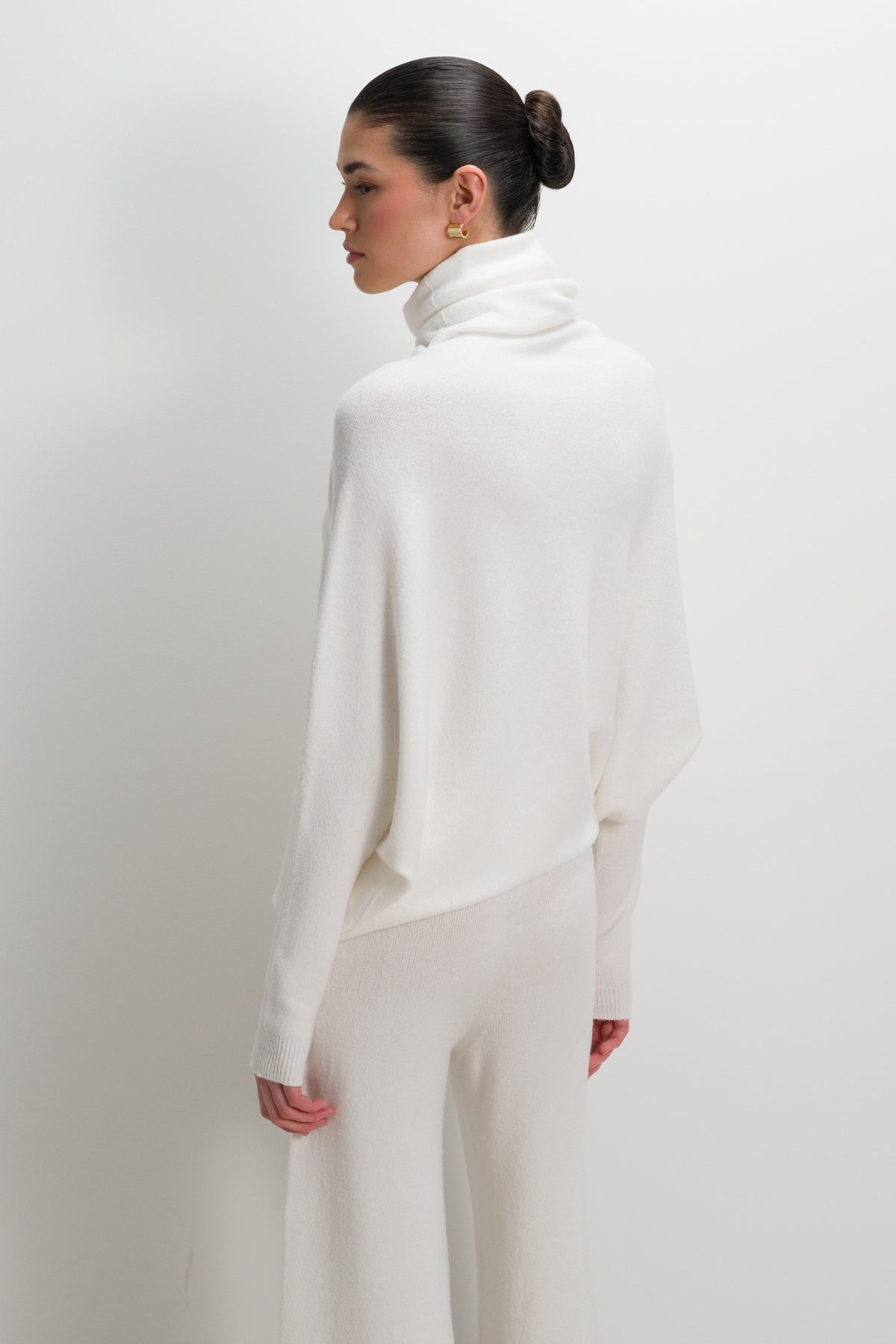 Women's Ivory Roll Neck Top, Asymmetrical Draped Seamless Knit