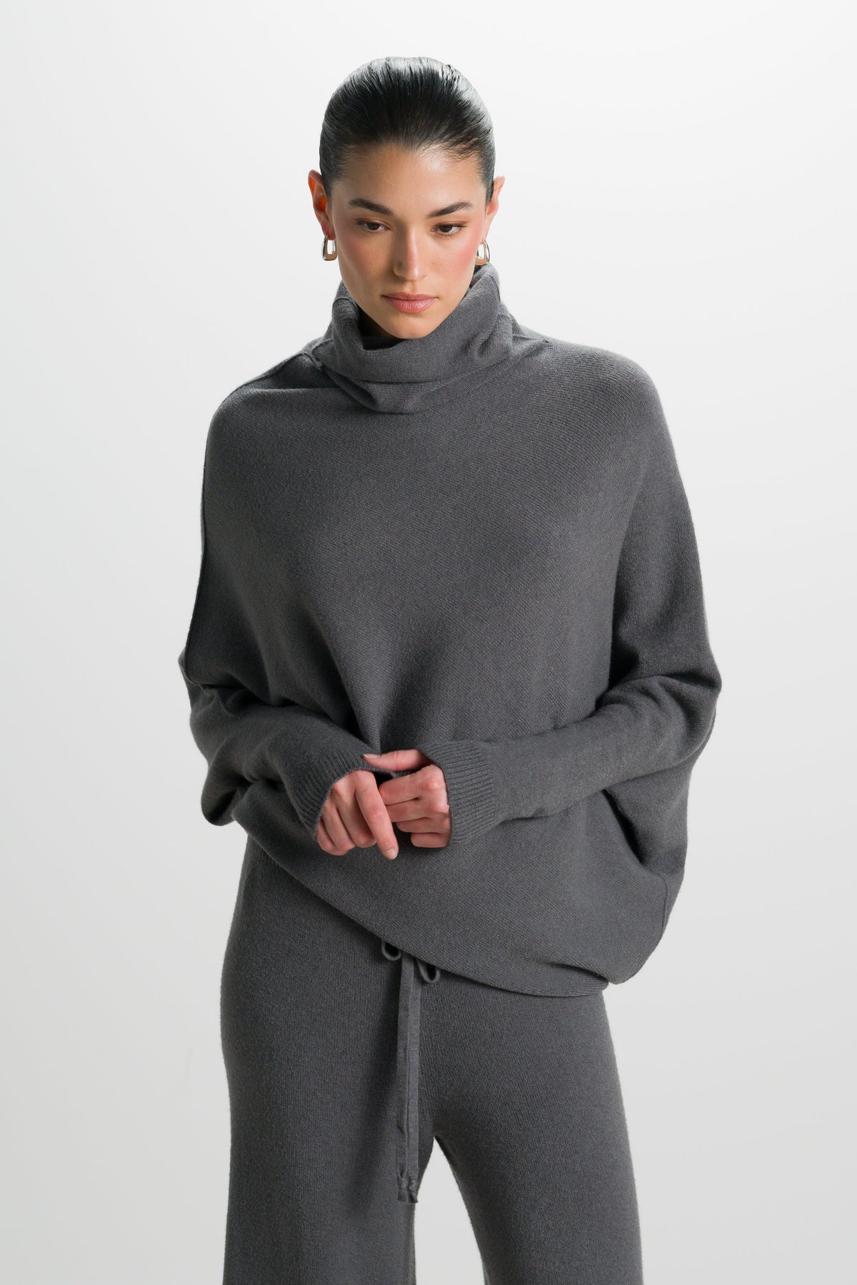 Women's Charcoal Asymmetric Draped Roll-Neck Knit Top