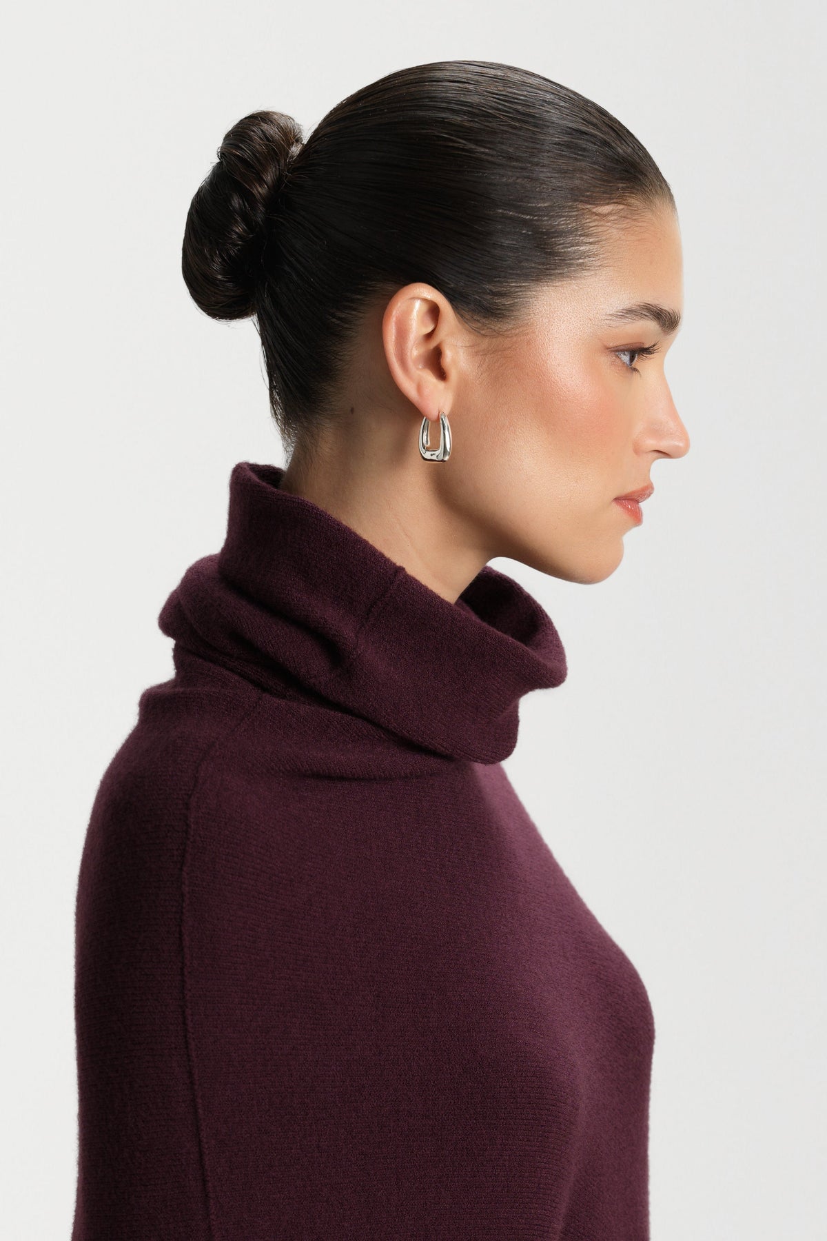 Women's Amethyst Plum Asymmetric Draped Roll-Neck Knit Top
