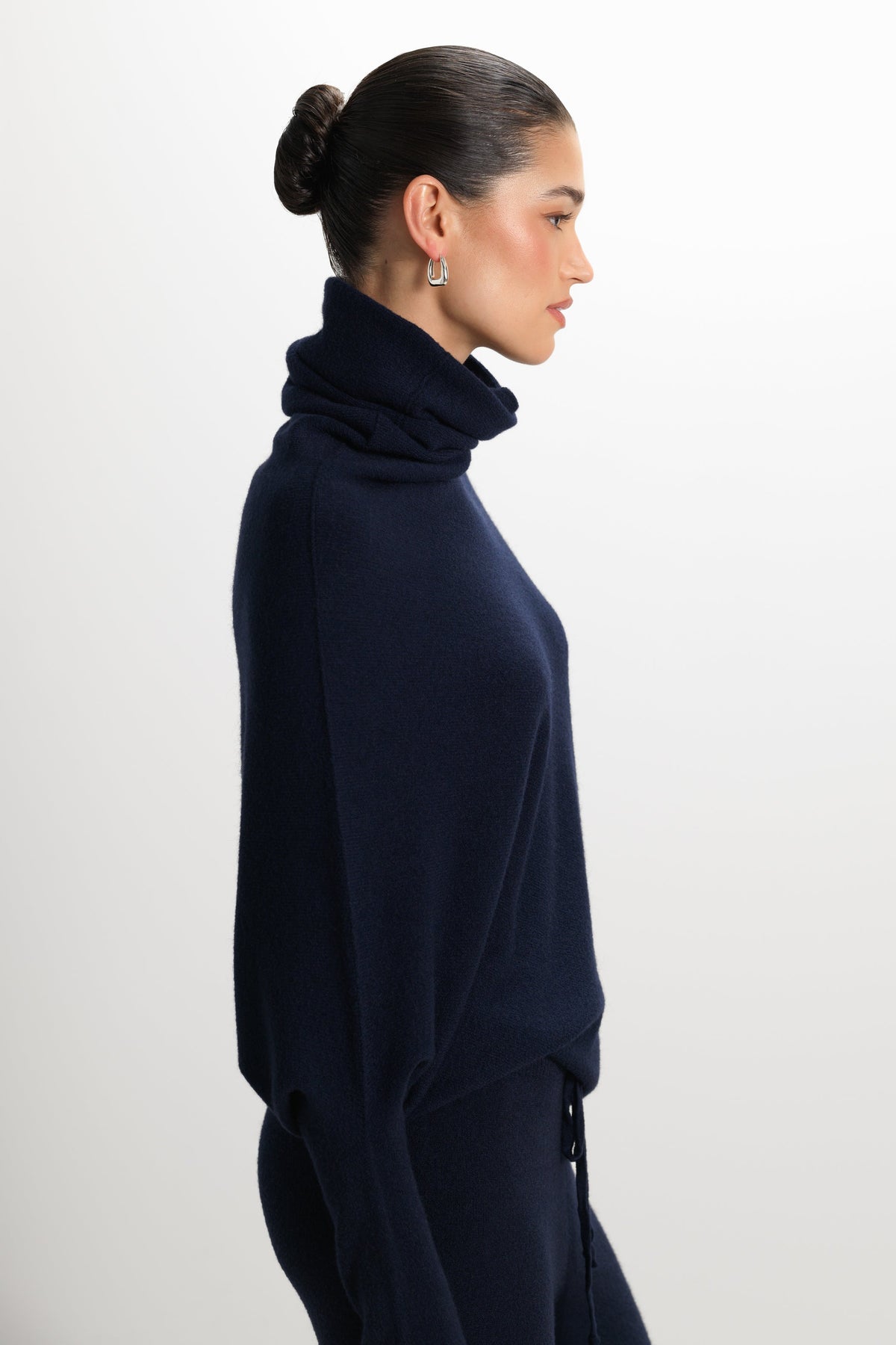 Women's Navy Roll Neck Top, Asymmetrical Draped Seamless Knit