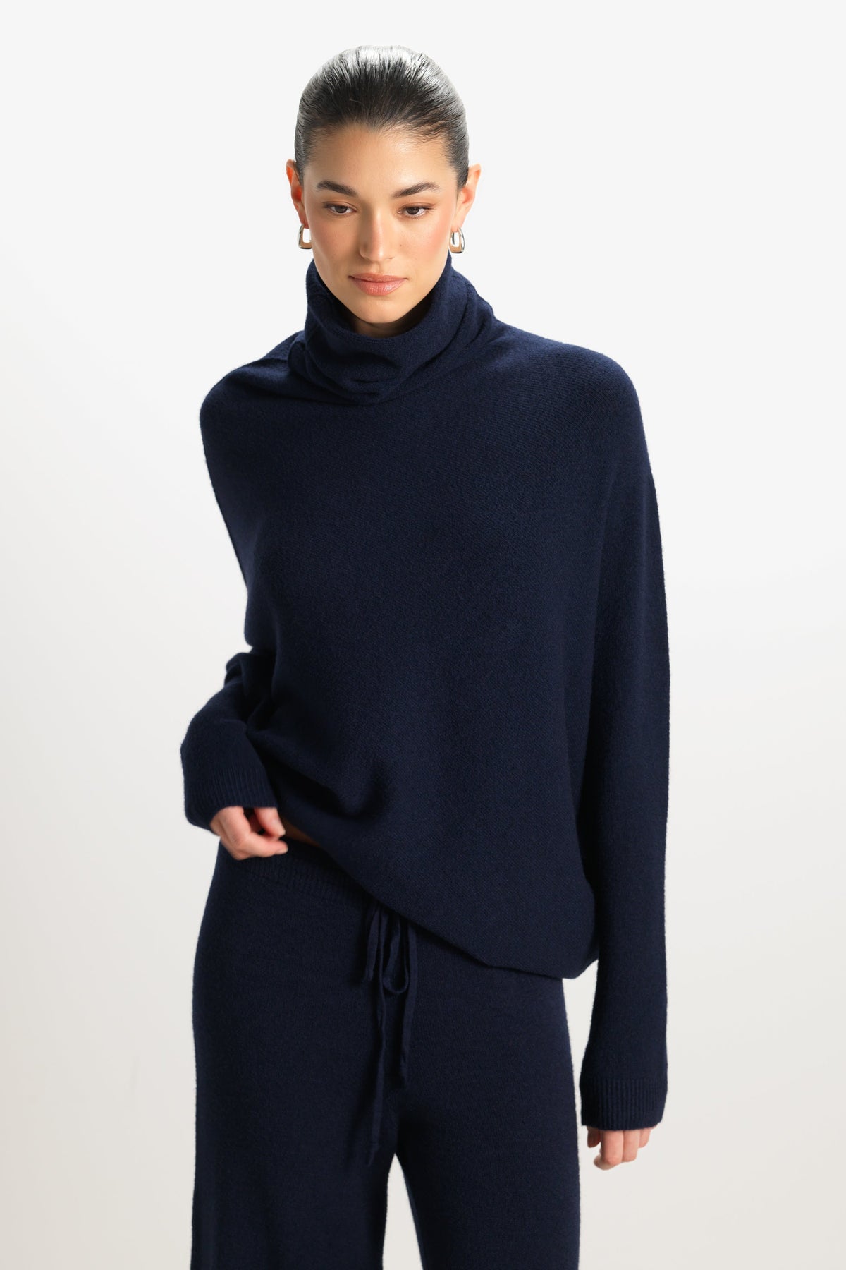 Women's Navy Roll Neck Top, Asymmetrical Draped Seamless Knit