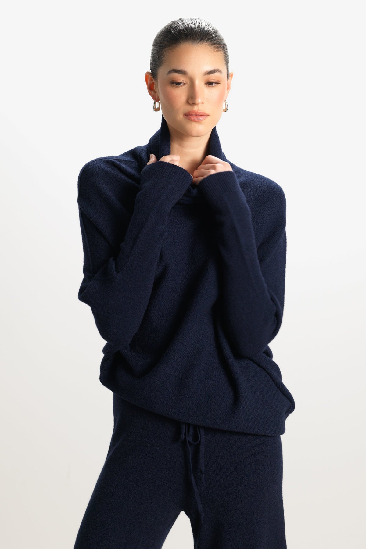 Women's Navy Roll Neck Top, Asymmetrical Draped Seamless Knit