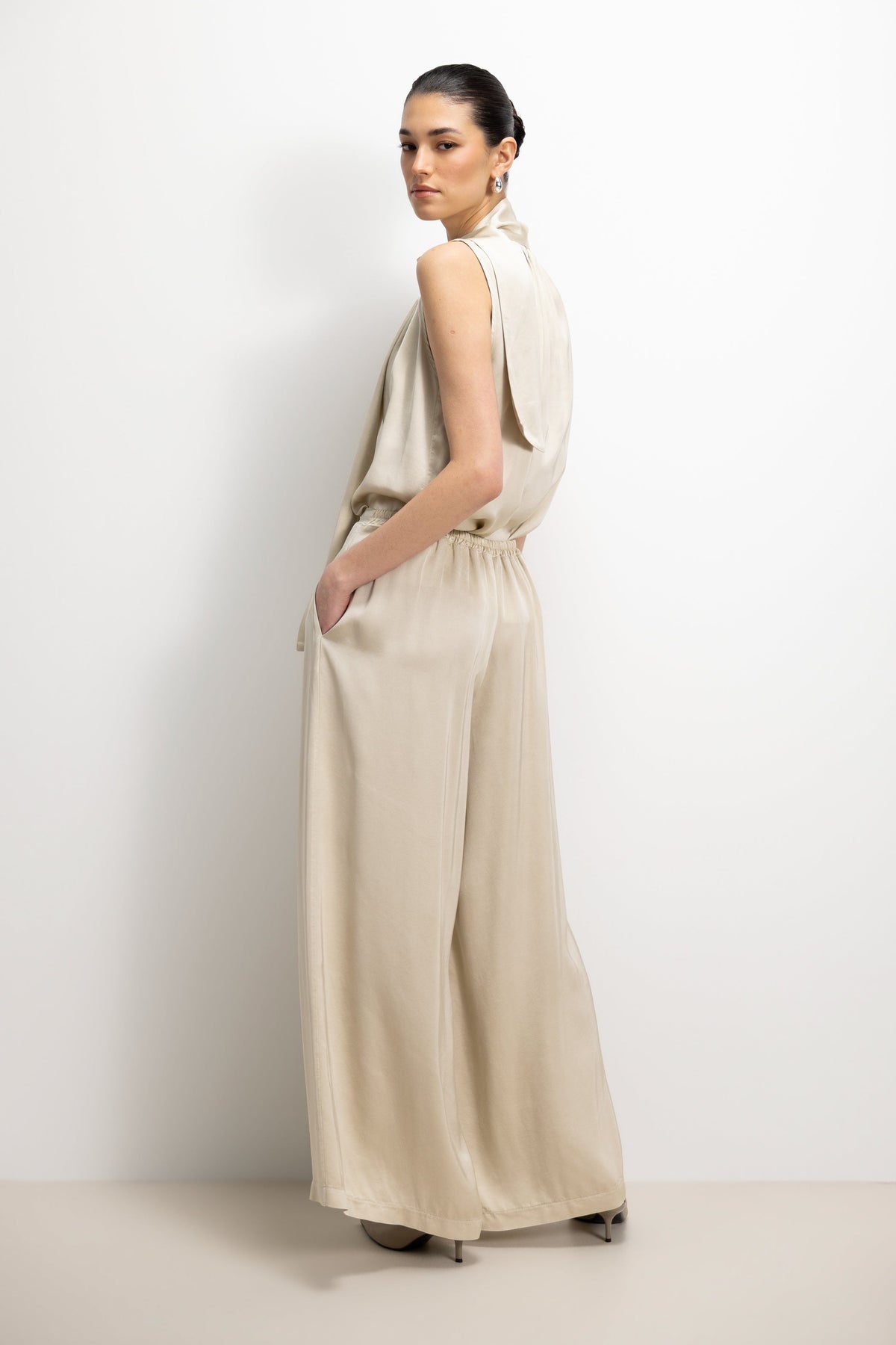 Women’s Honey Satin Pleated Trousers with Elastic Waist