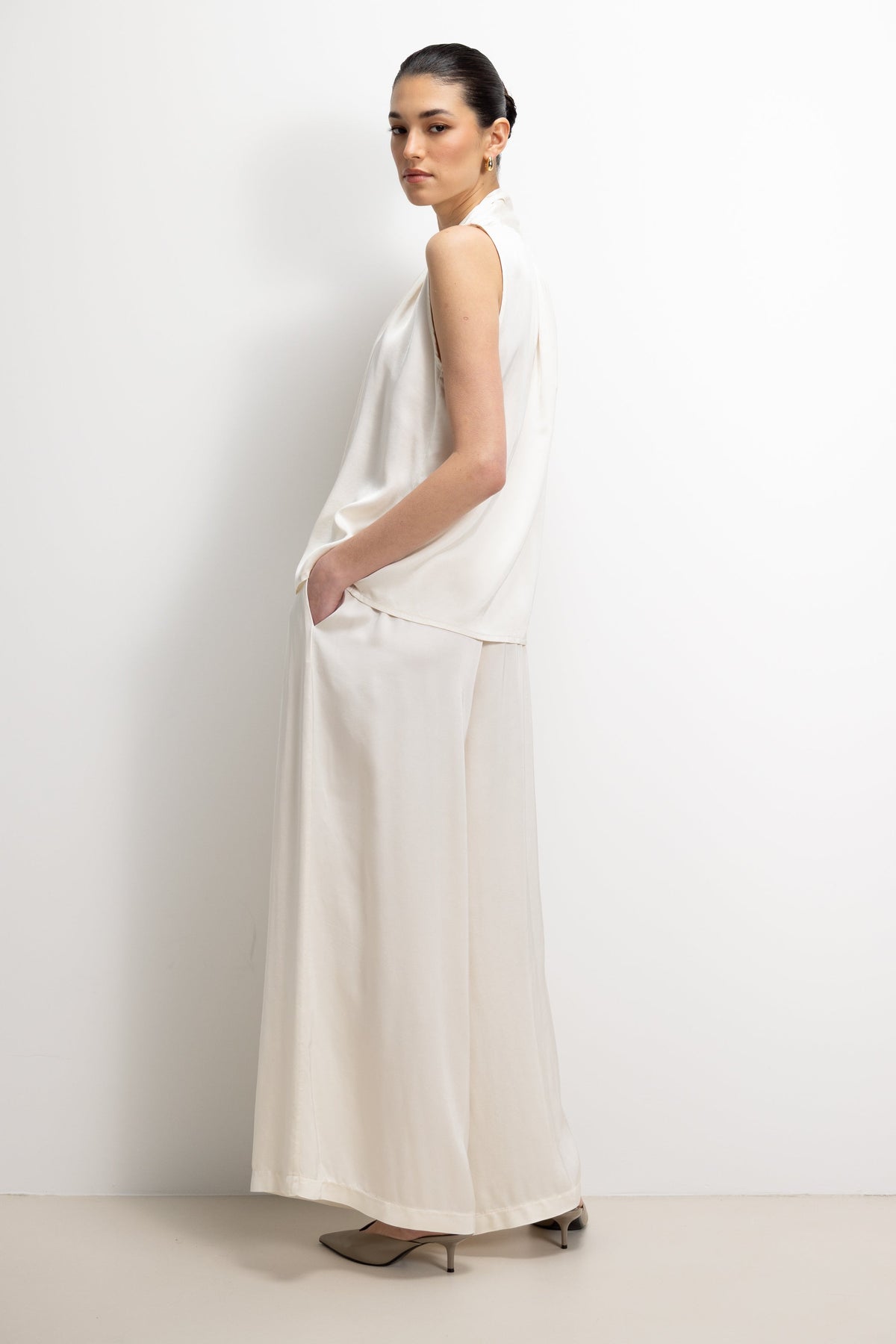 Women’s Ivory Satin Pleated Trousers with Elastic Waist