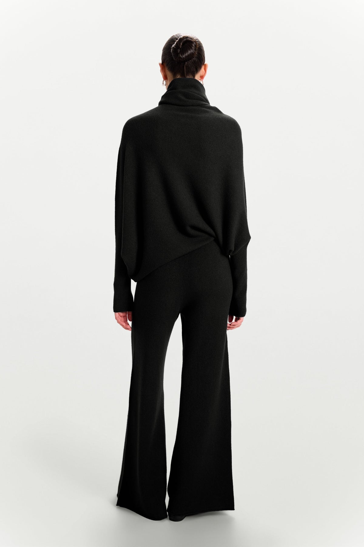 Women's Black Roll Neck Top, Asymmetrical Draped Seamless Knit
