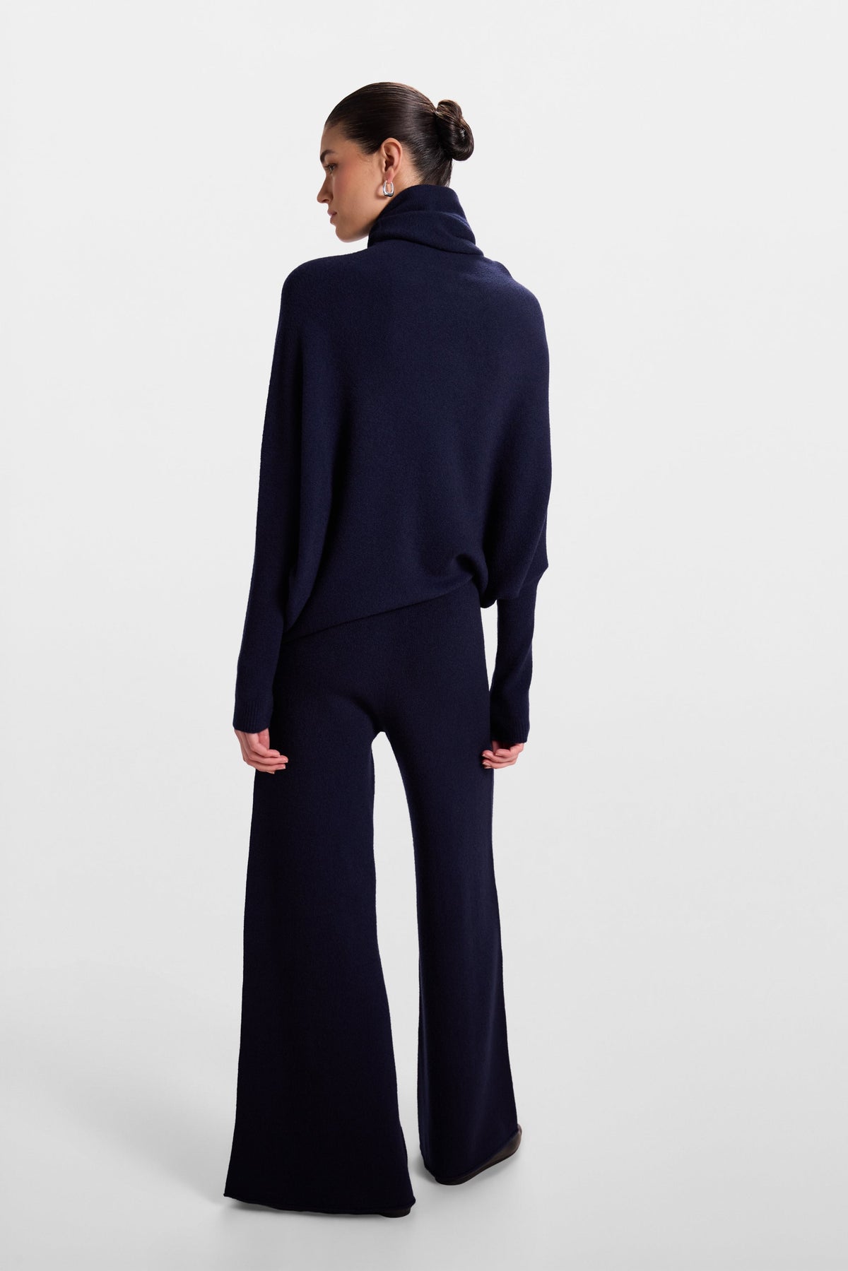 Women's Navy Roll Neck Top, Asymmetrical Draped Seamless Knit