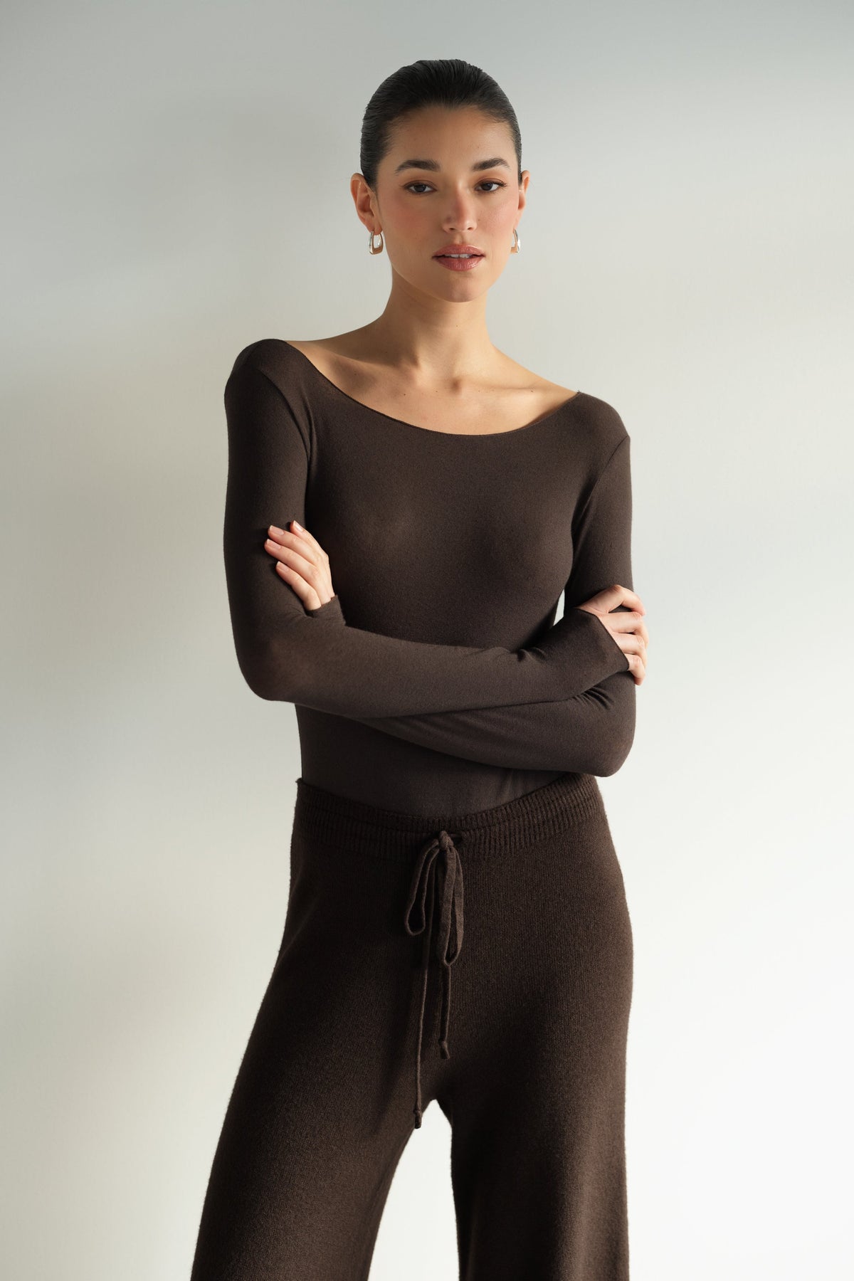 Women's Espresso Brown Boat Neck Top in Lightweight Modal-Cashmere Blend