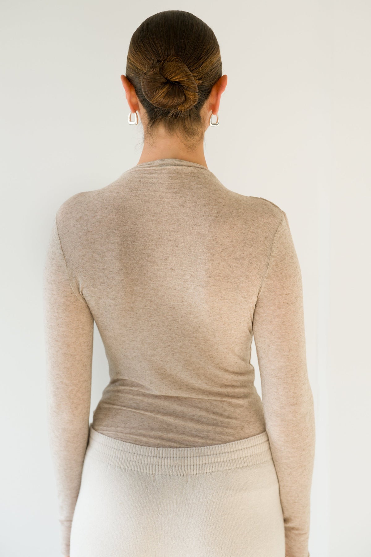 Women's Oatmeal High Neck Top in Lightweight Modal-Cashmere Blend