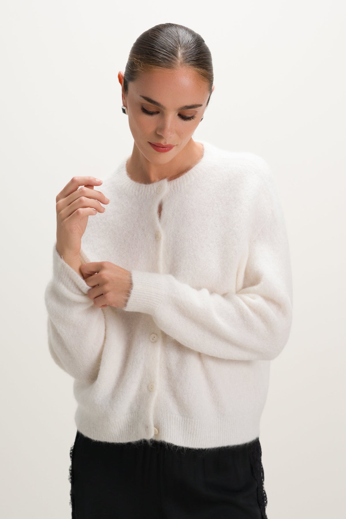 Women's Button-Up Cardigan Ivory Alpaca-Wool Blend