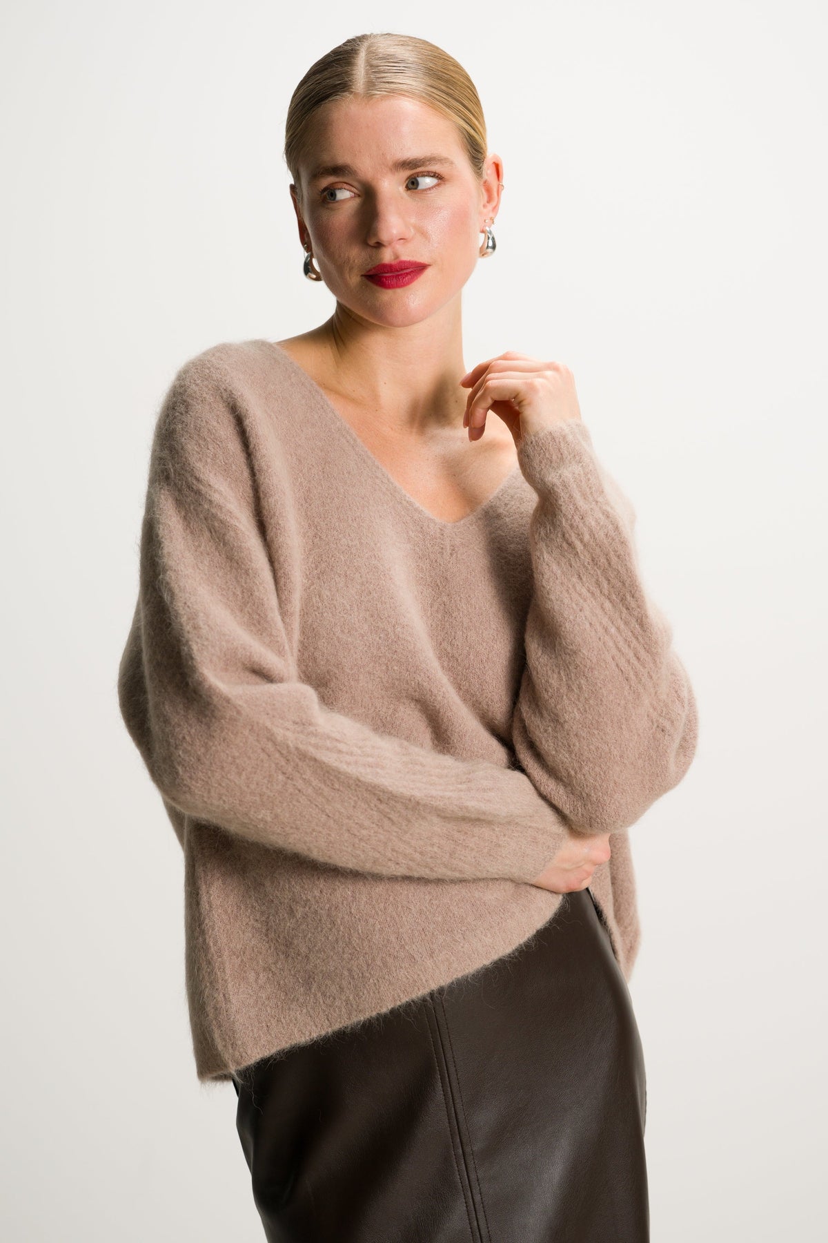Women's V-Neck Sweater Toffee Brown Alpaca Blend