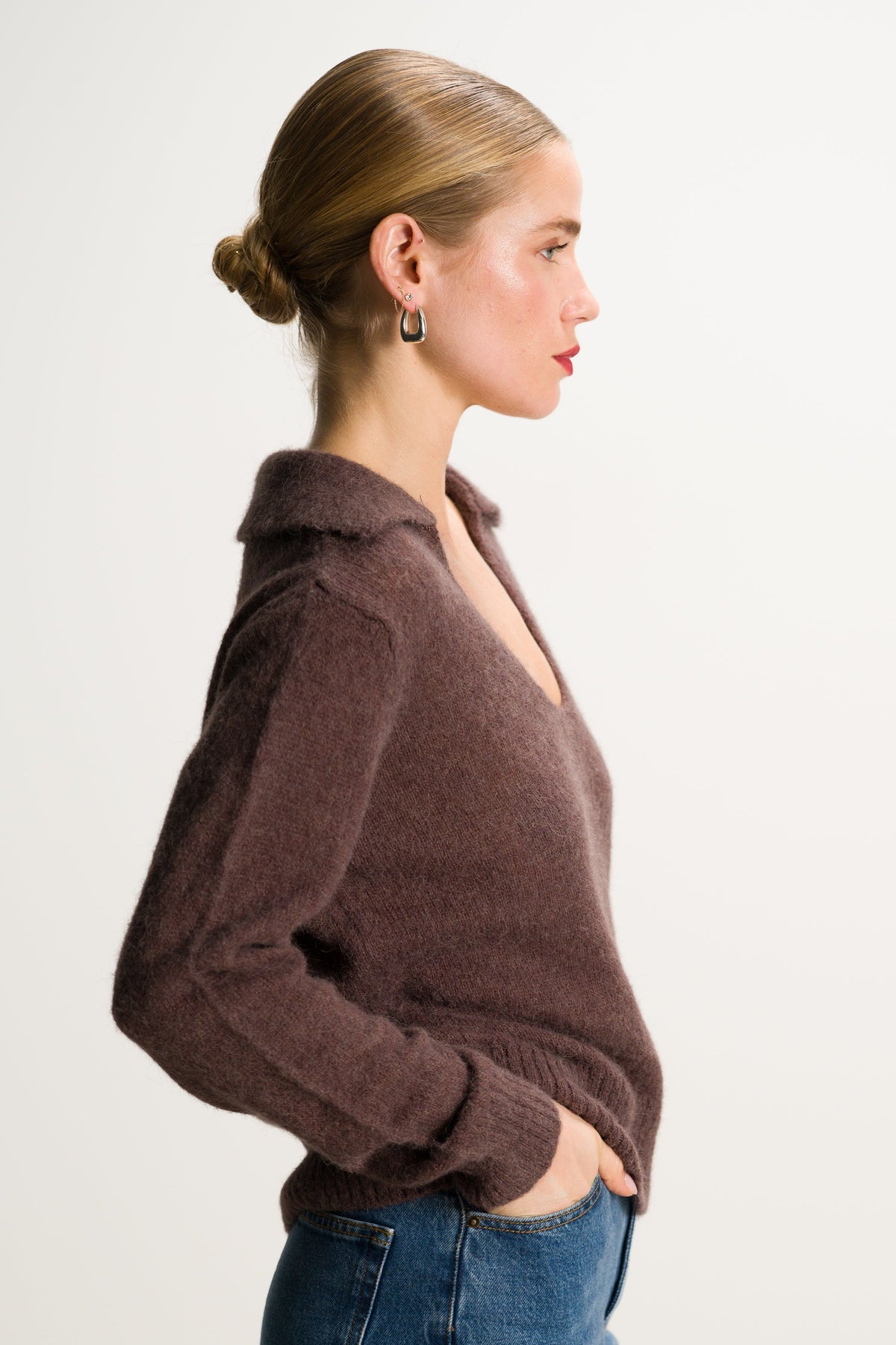 Women's Chocolate Brown Open Neck Sweater, Alpaca Blend Knitwear