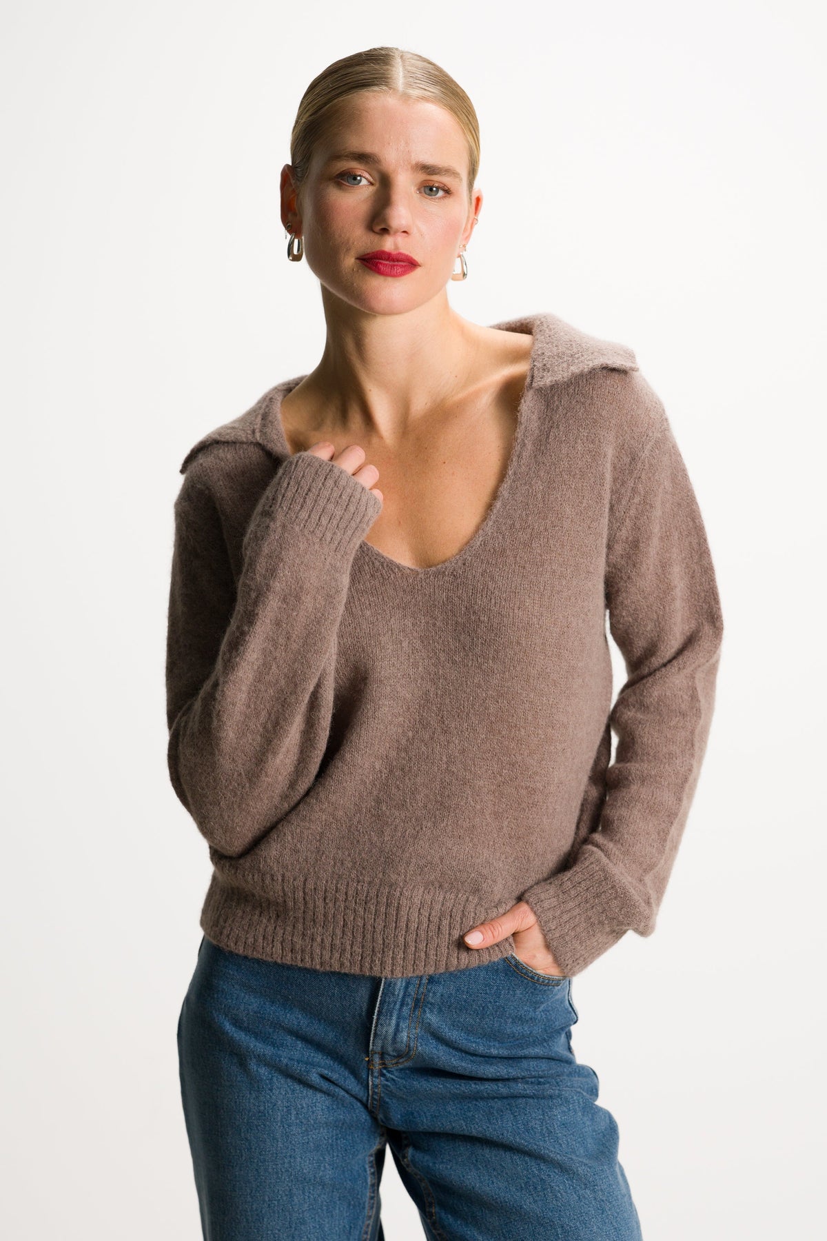 Women's Taupe Open Neck Sweater, Alpaca Blend Knitwear