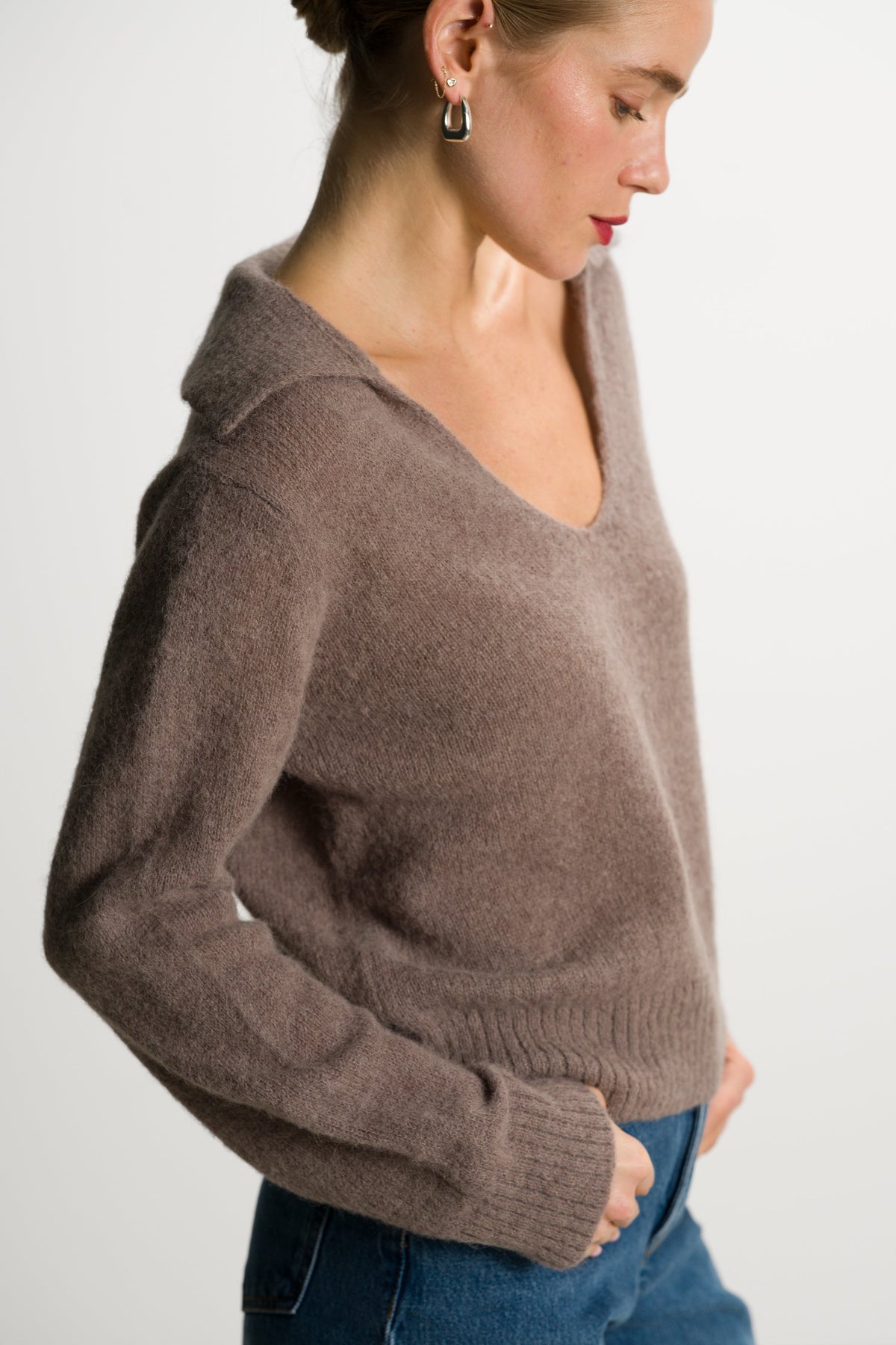 Women's Taupe Open Neck Sweater, Alpaca Blend Knitwear