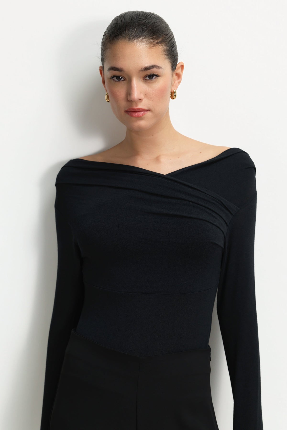 Women's Black Asymmetric Top in Modal-Cashmere Blend with Modern Neckline