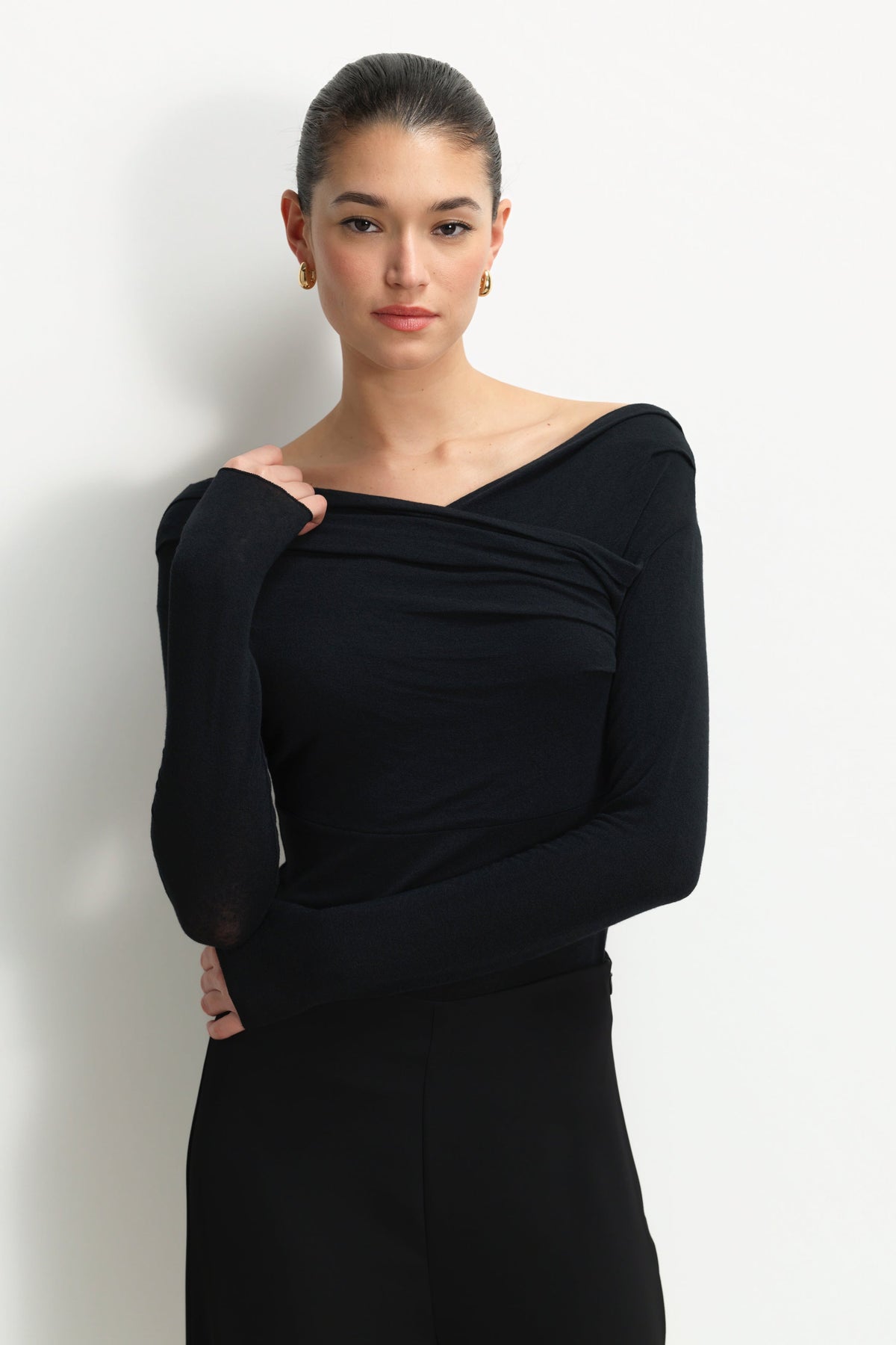 Women's Black Asymmetric Top in Modal-Cashmere Blend with Modern Neckline
