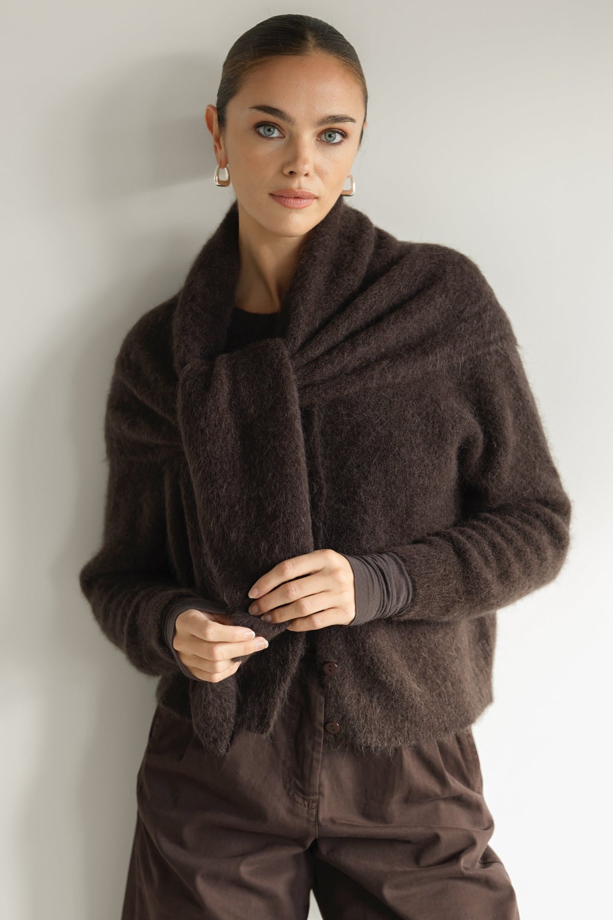Women's Button-Up Cardigan Espresso Brown Alpaca-Wool Blend