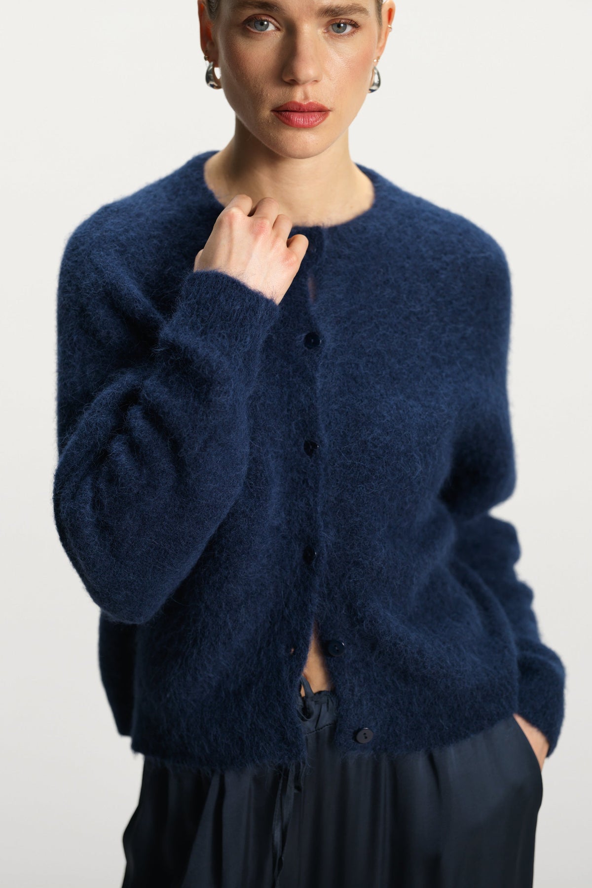 Women's Button-Up Cardigan Navy Blue Alpaca-Wool Blend