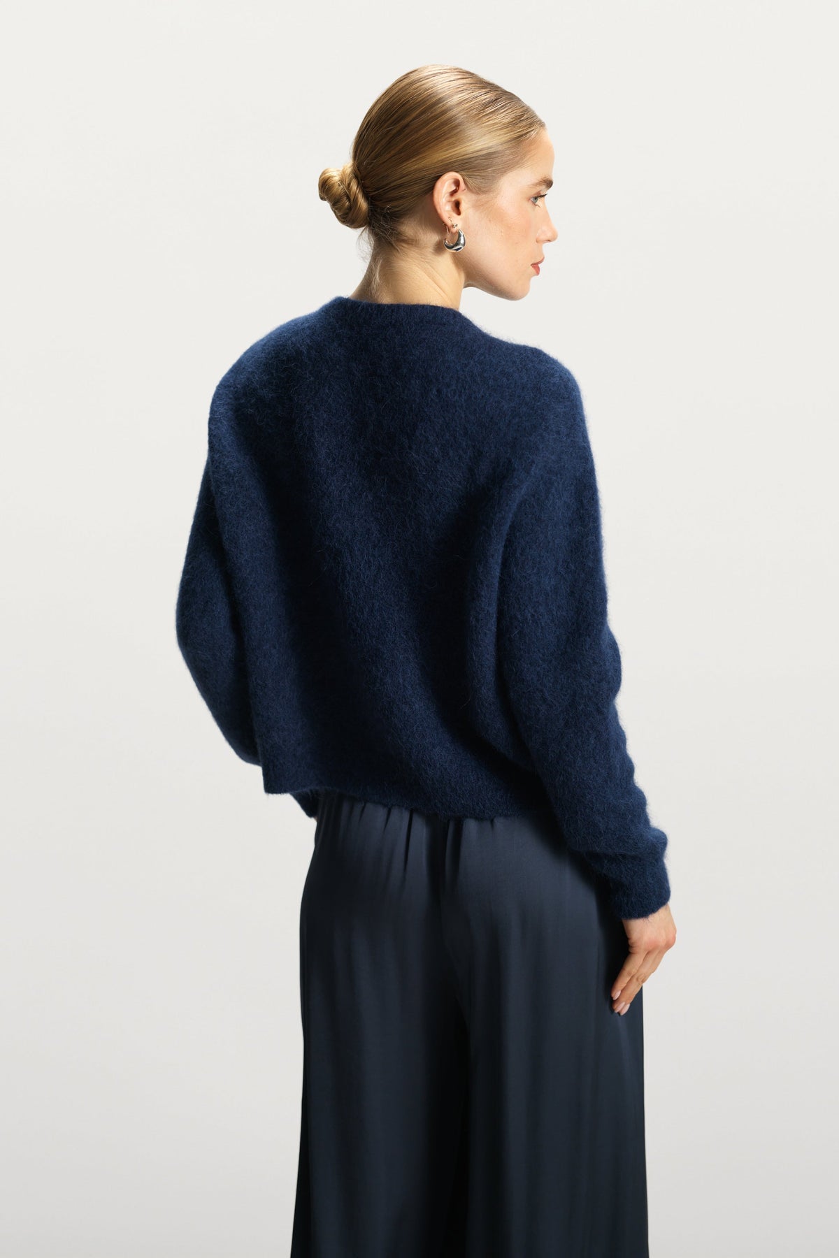 Women's Button-Up Cardigan Navy Blue Alpaca-Wool Blend