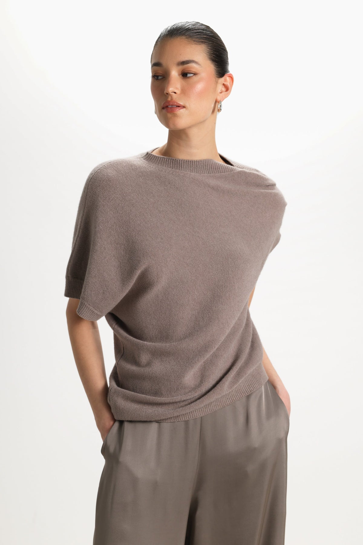 Women's Asymmetric Knit Sweater Mink Brown