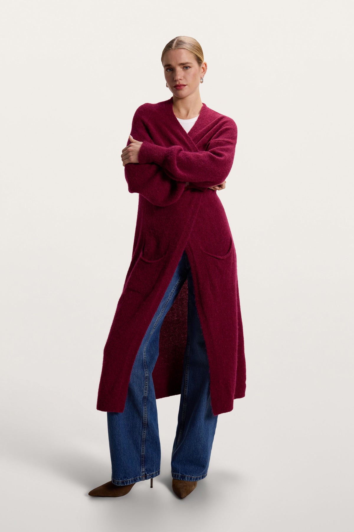 Women's Open Cardigan Burgundy Alpaca Blend