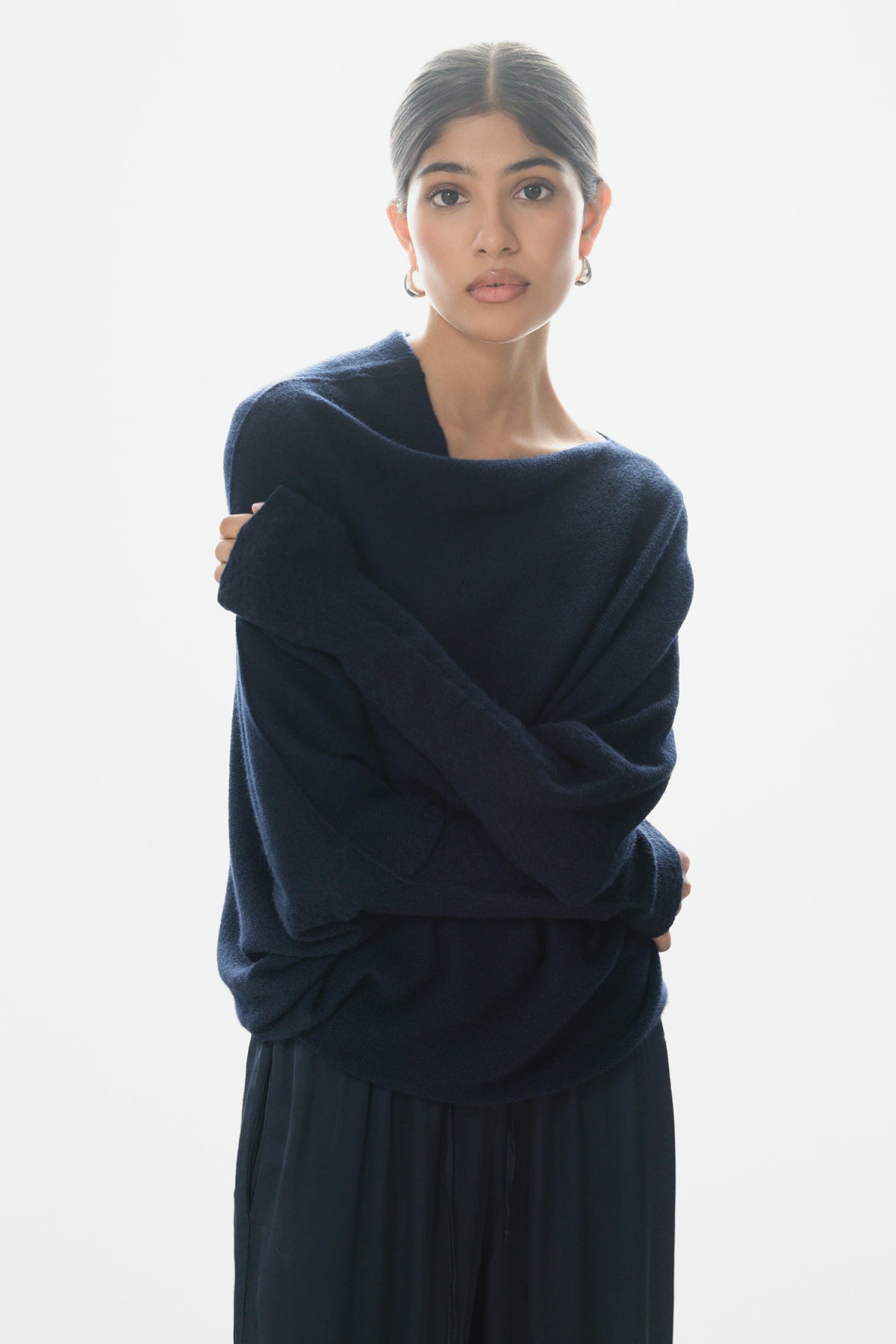 Women's Navy Asymmetrical Draped Seamless Knit Top
