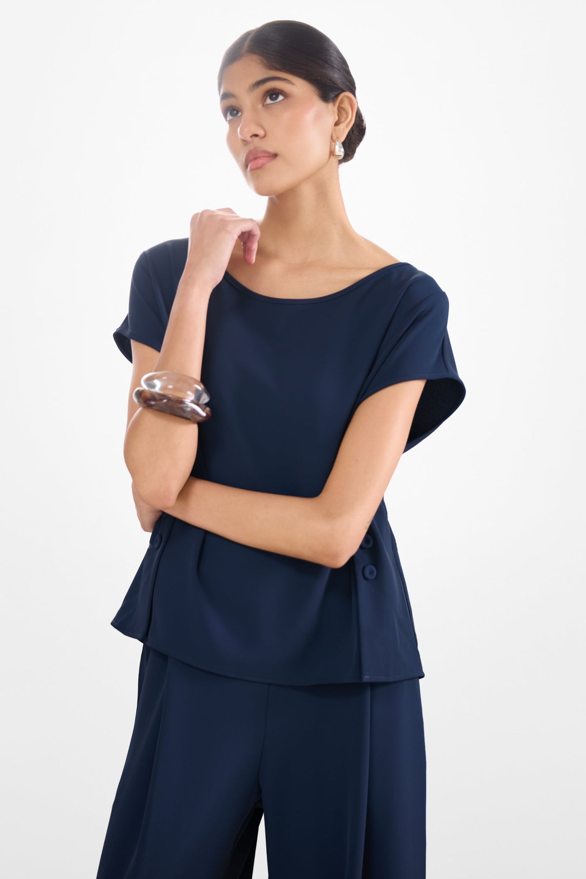 Women's Button-Front Top in Navy Blue