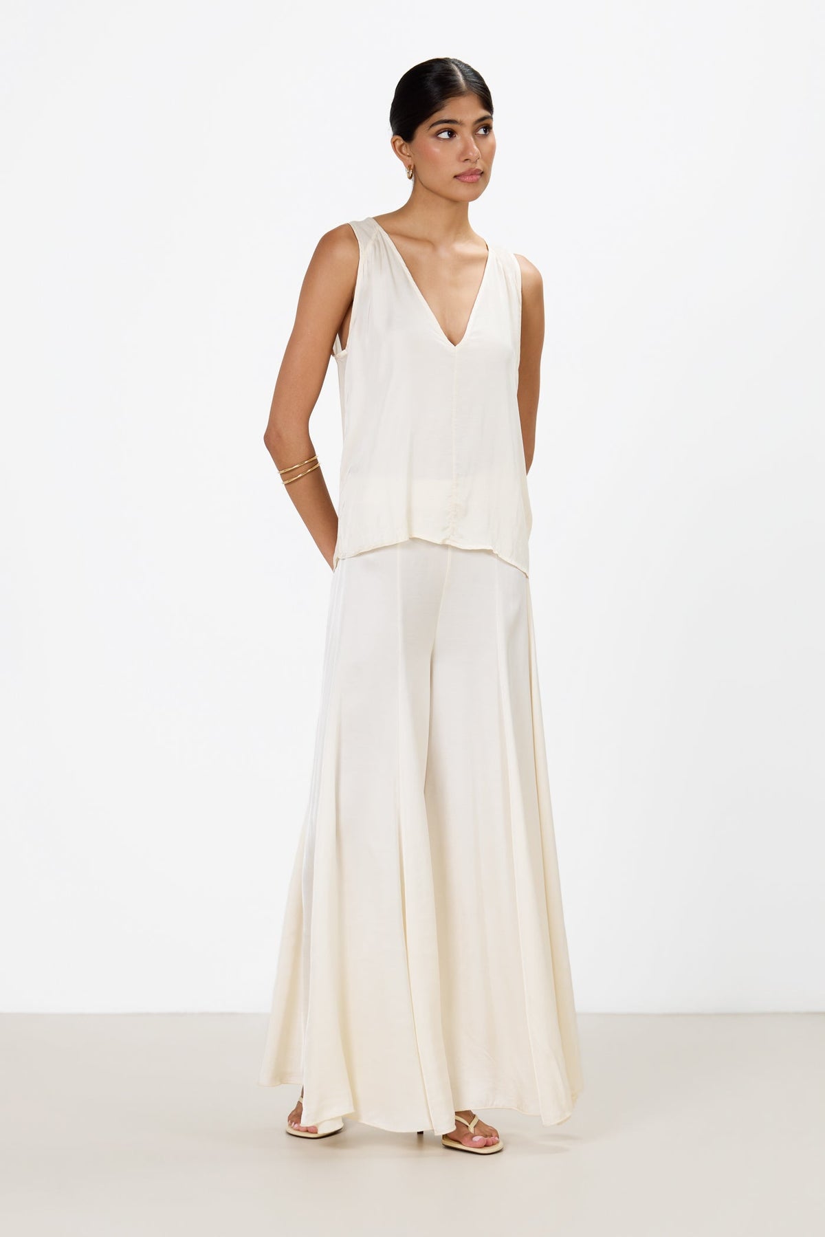 Women's V-Neck Satin Top in Ivory with Sheer Back