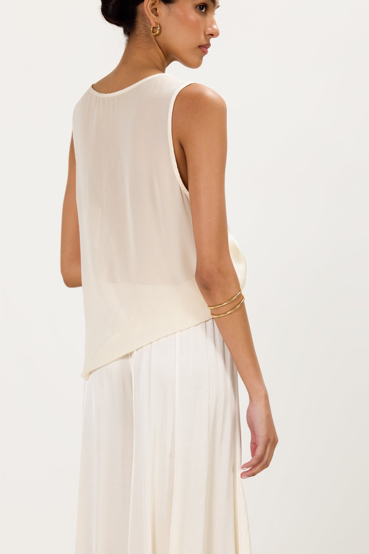 Women's V-Neck Satin Top in Ivory with Sheer Back