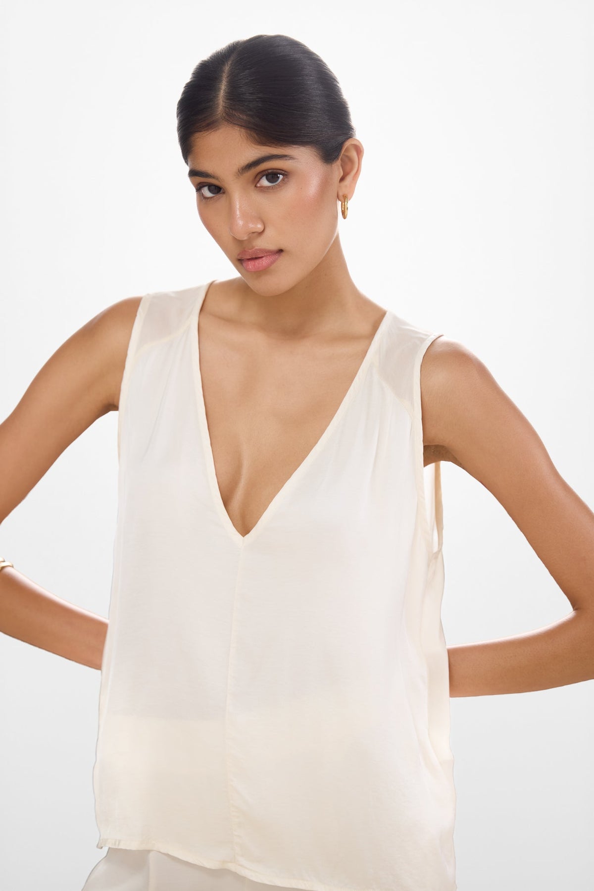 Women's V-Neck Satin Top in Ivory with Sheer Back