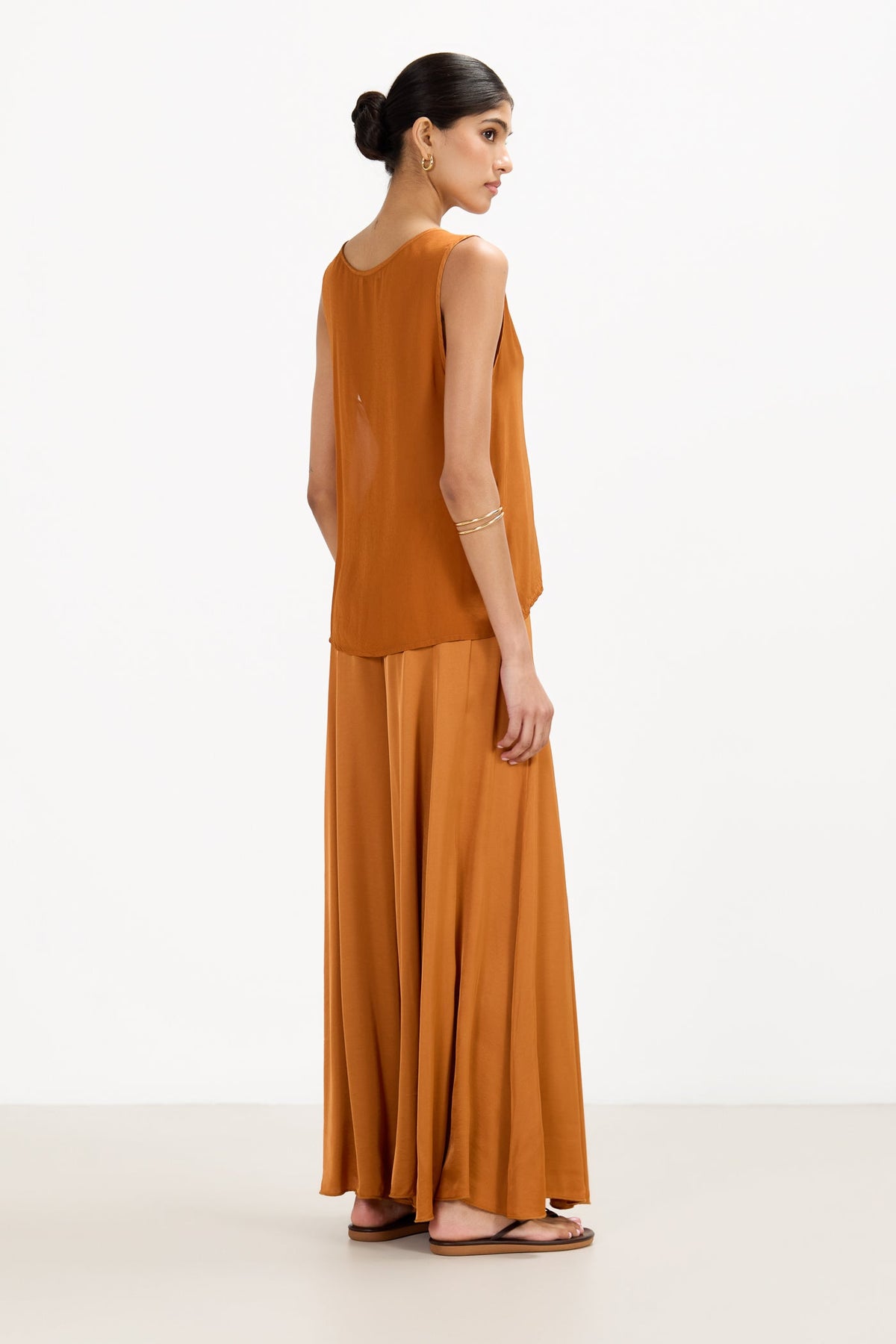 Women's V-Neck Satin Top in Sunset Orange with Sheer Back