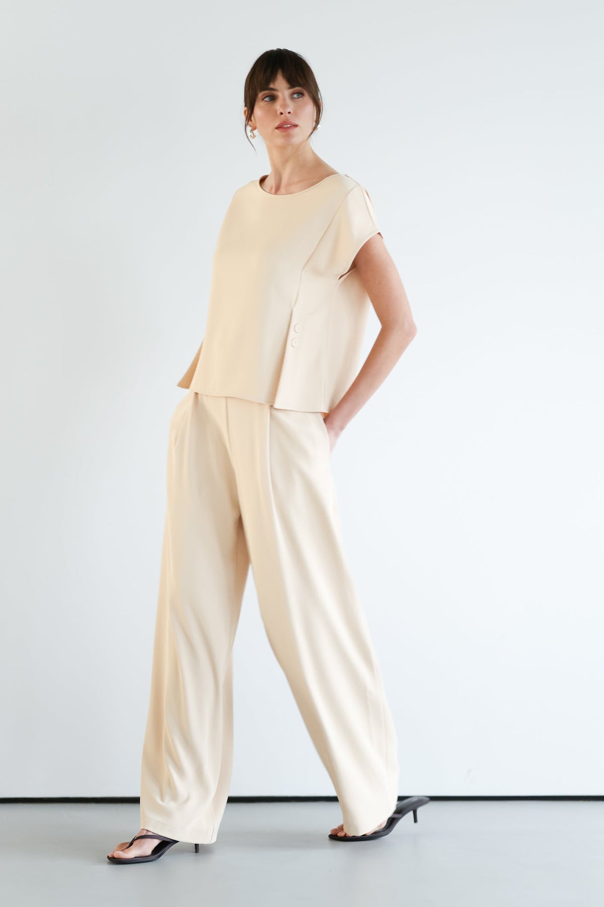 Women's Button-Front Top in Almond Beige