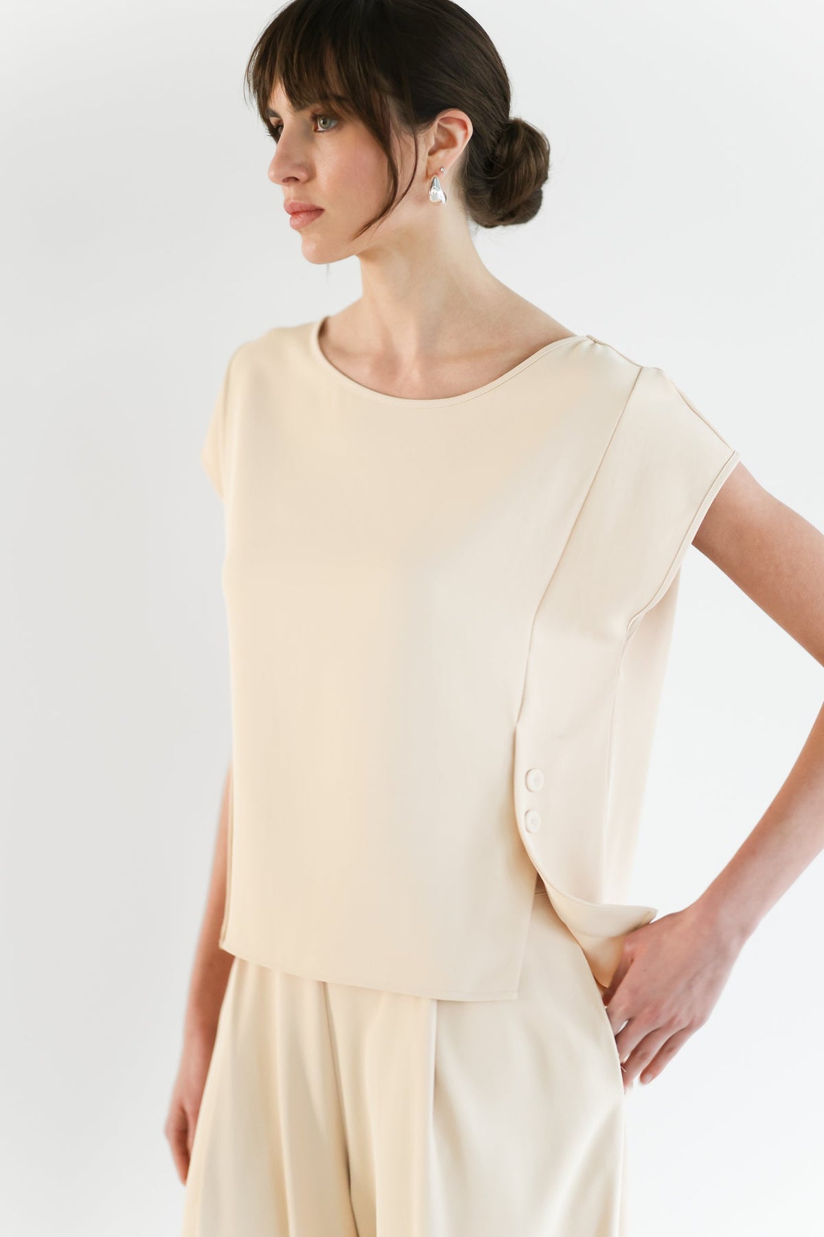 Women's Button-Front Top in Almond Beige