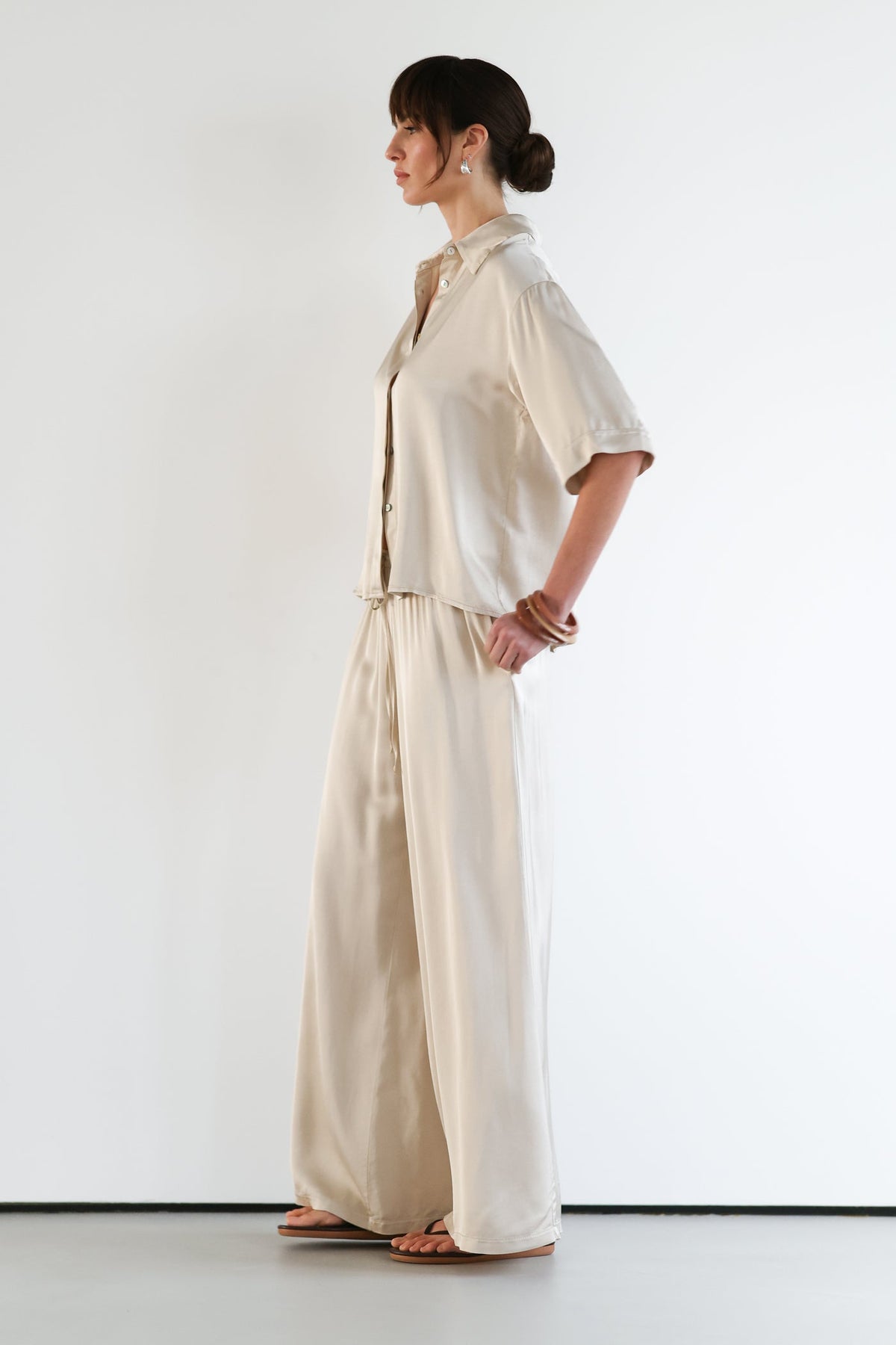 Women’s Light Beige Satin Pants with Drawstring Waist