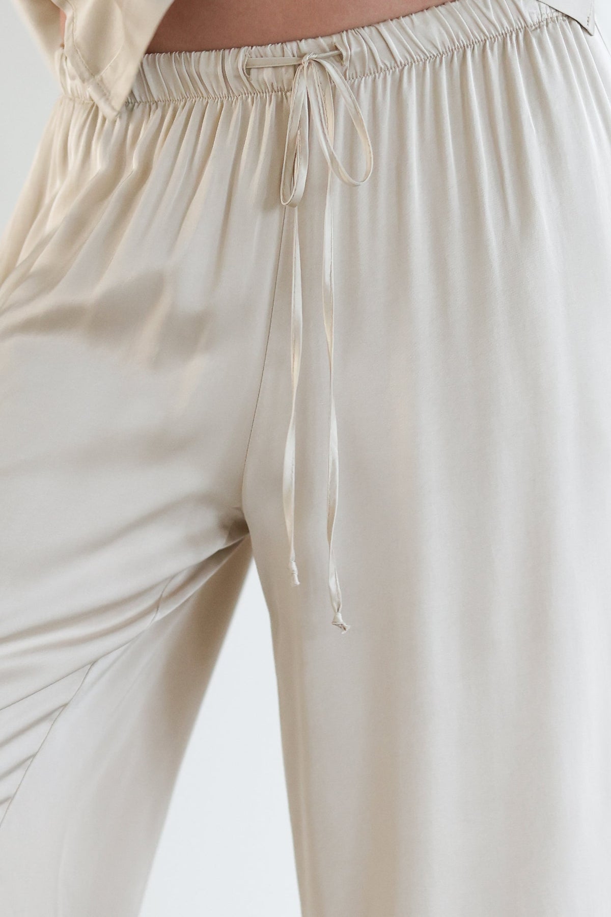 Women’s Light Beige Satin Pants with Drawstring Waist