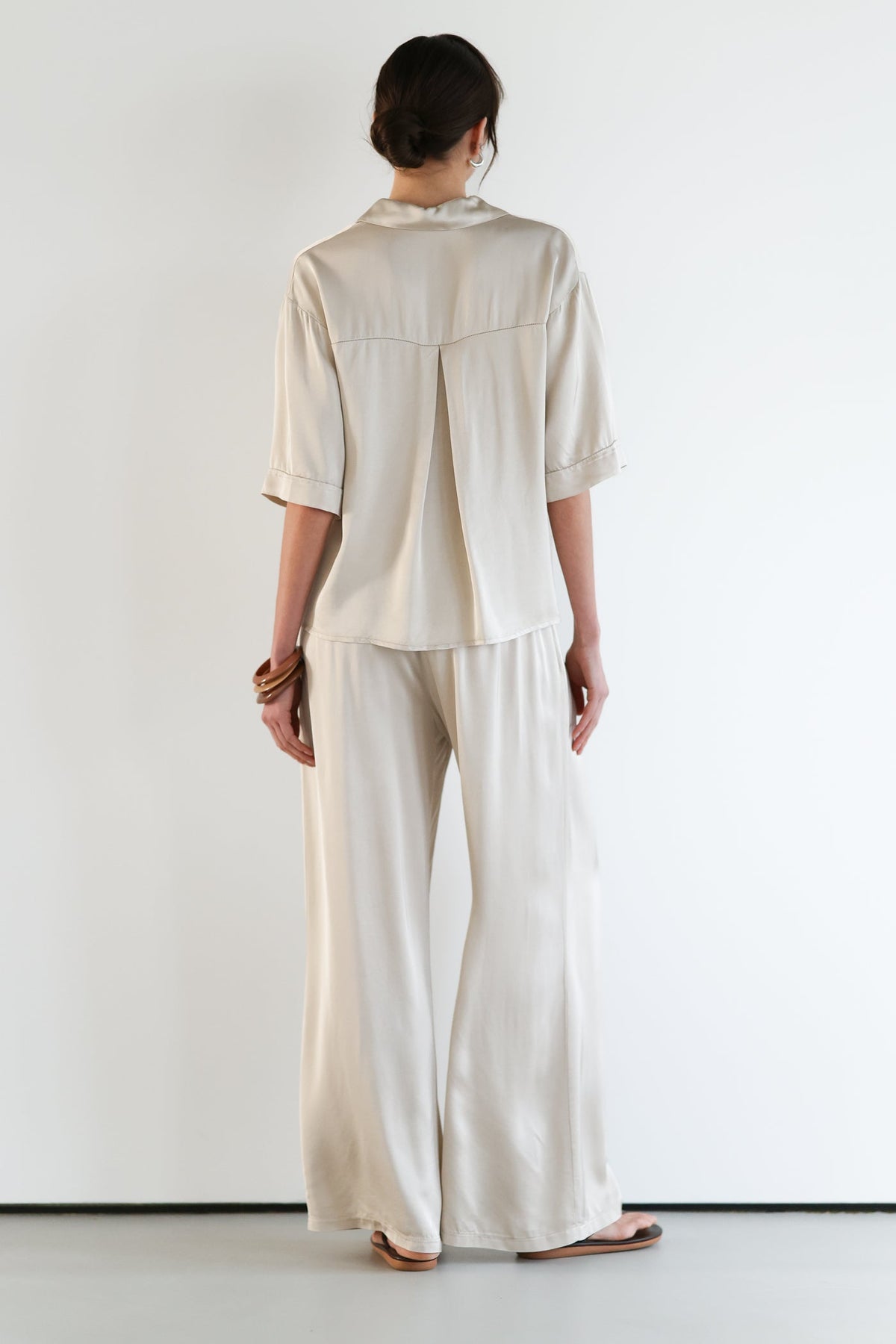 Women’s Light Beige Satin Pants with Drawstring Waist