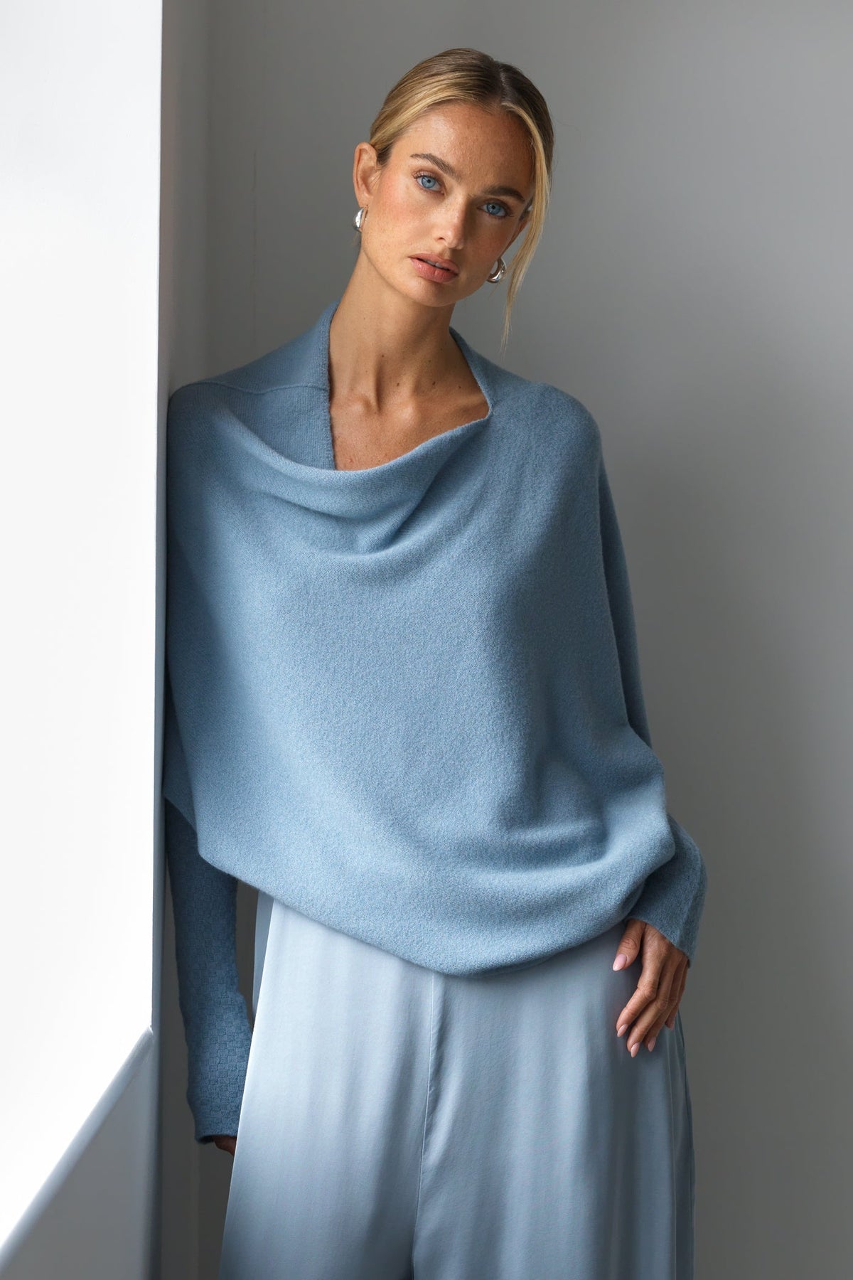Women's Dusty Blue Asymmetrical Draped Seamless Knit Top