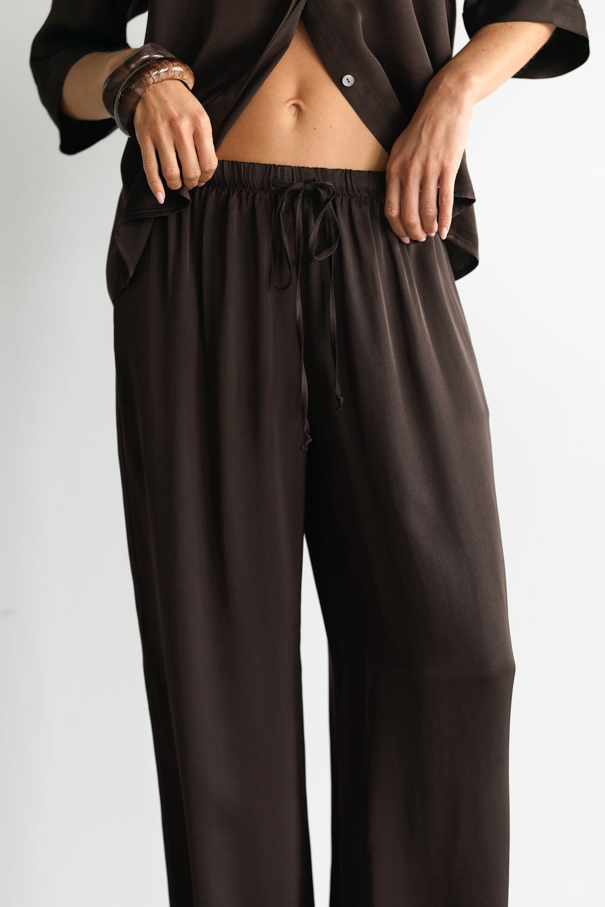 Women’s Espresso Brown Satin Pants with Drawstring Waist