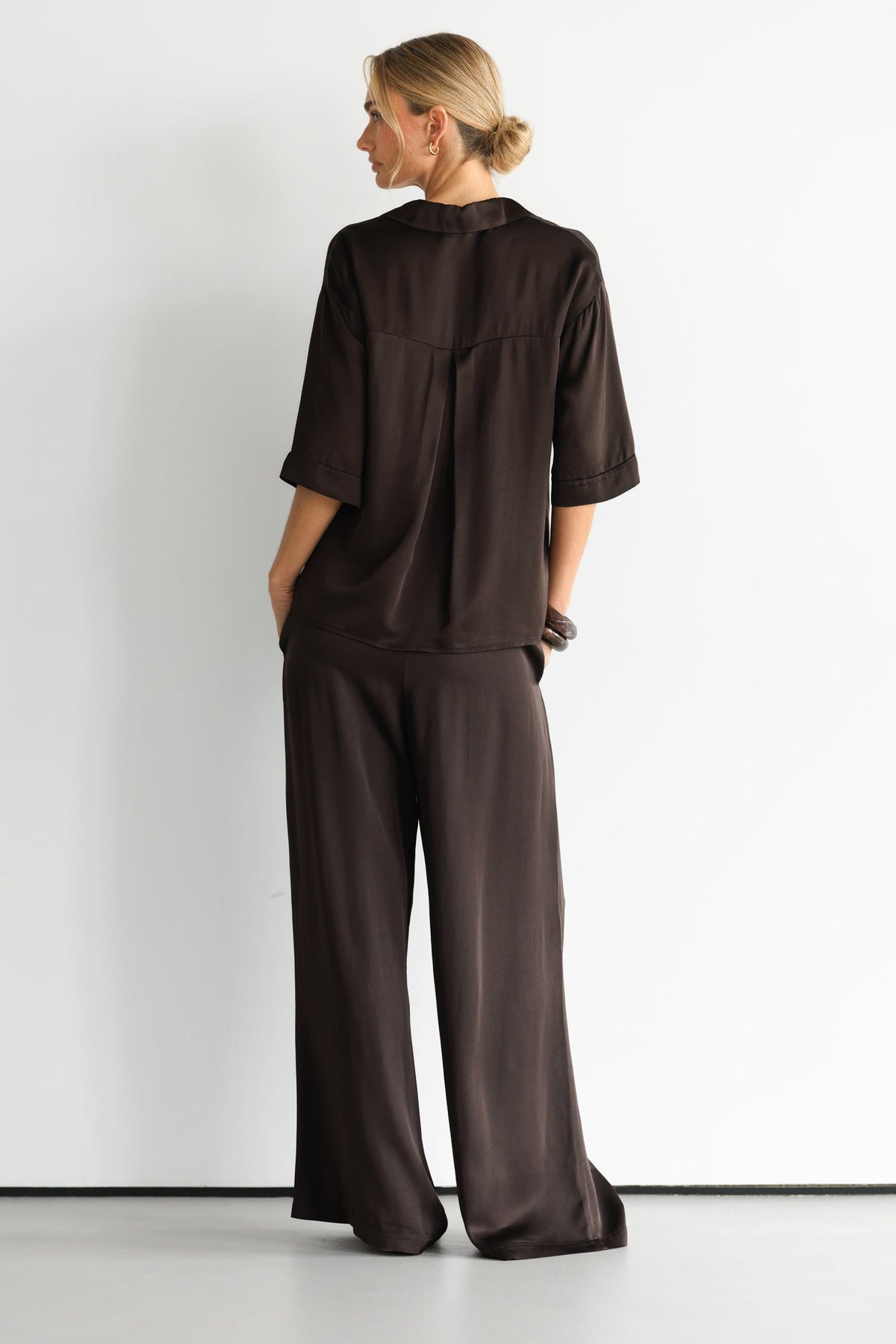 Women’s Espresso Brown Satin Pants with Drawstring Waist