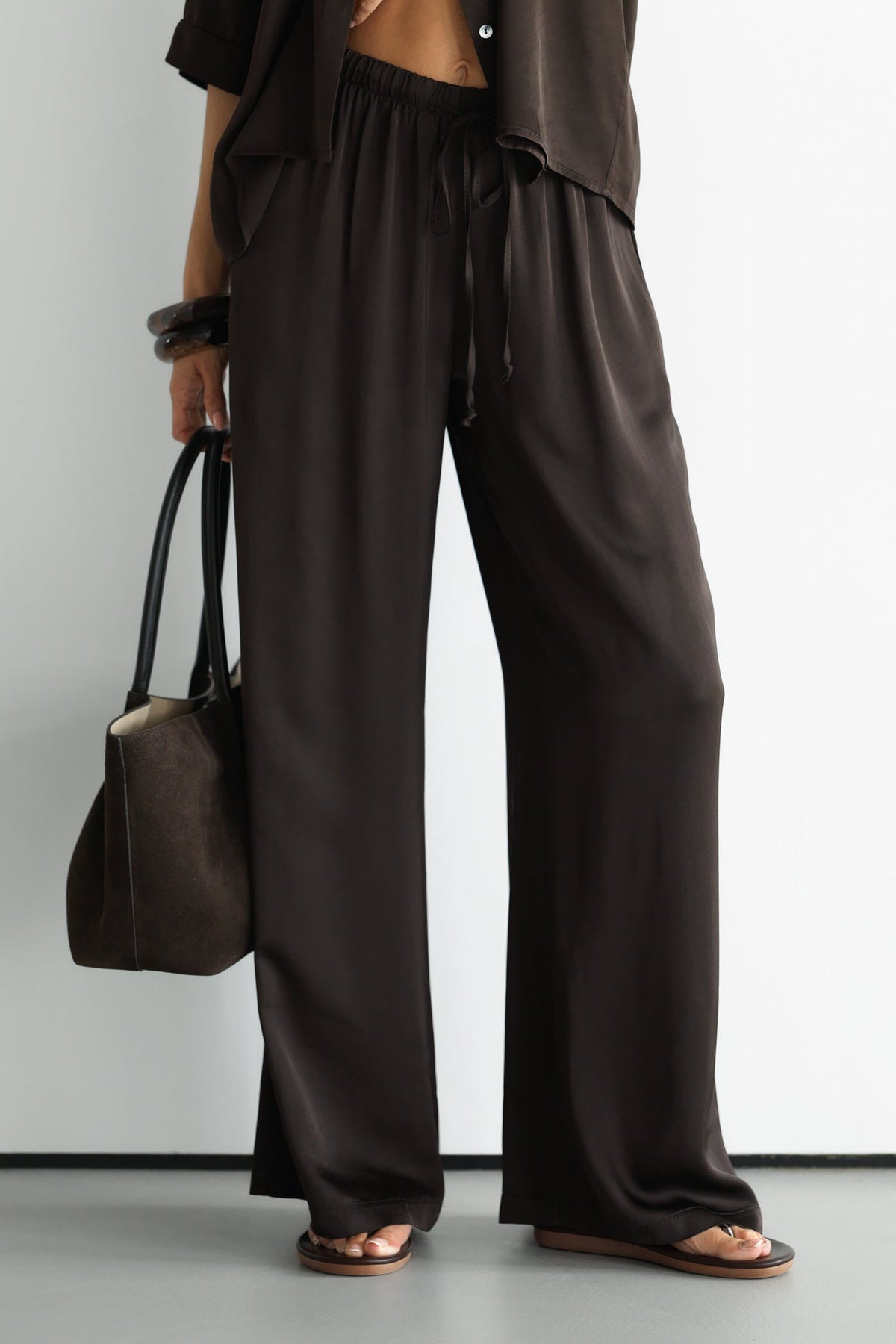 Women’s Espresso Brown Satin Pants with Drawstring Waist