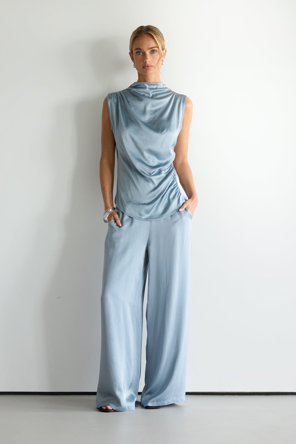 Women's Draped Satin Sleeveless Top in Dusty Blue