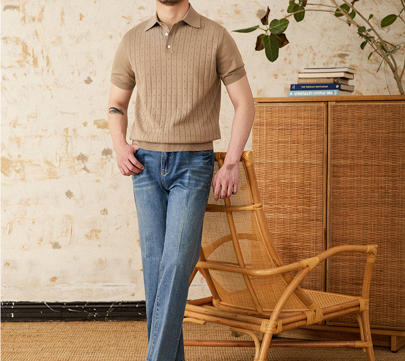 Men’s Pleated Cotton Knit Polo Shirt