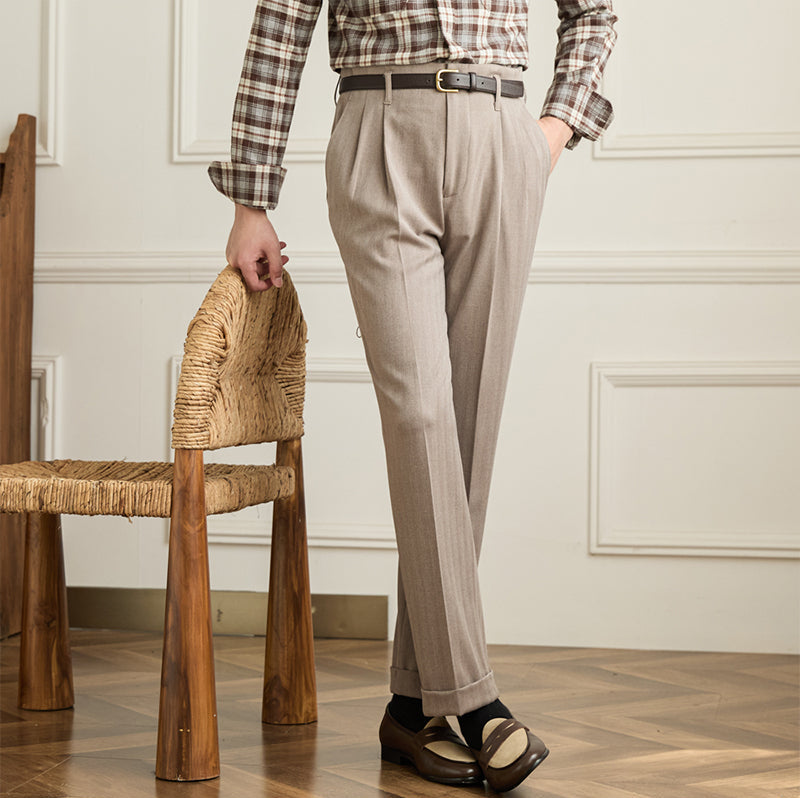 Men’s Herringbone Straight Fit Double Pleated Trousers