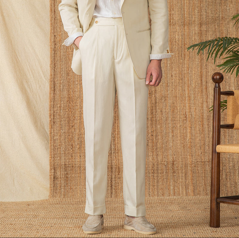 Men’s Cotton Linen Straight Fit Pleated Trousers