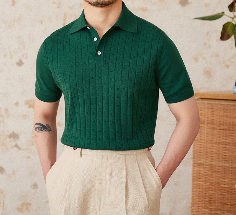 Men’s Pleated Cotton Knit Polo Shirt