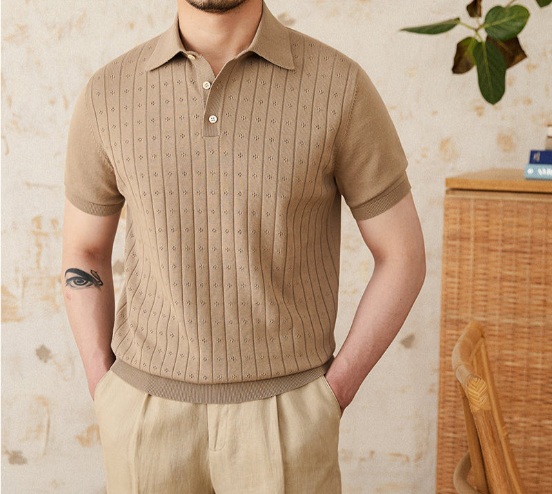 Men’s Pleated Cotton Knit Polo Shirt