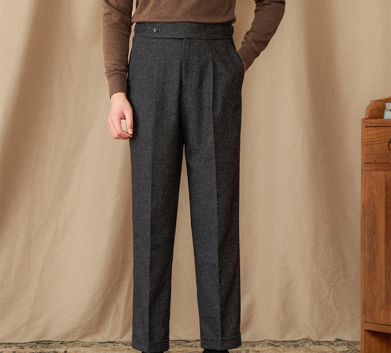 Men’s Herringbone Wool Blend Straight Fit Pleated Trousers